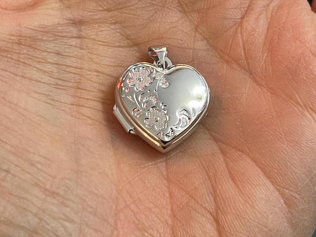 Sterling Silver Textured 18mm Floral Heart Polished Locket