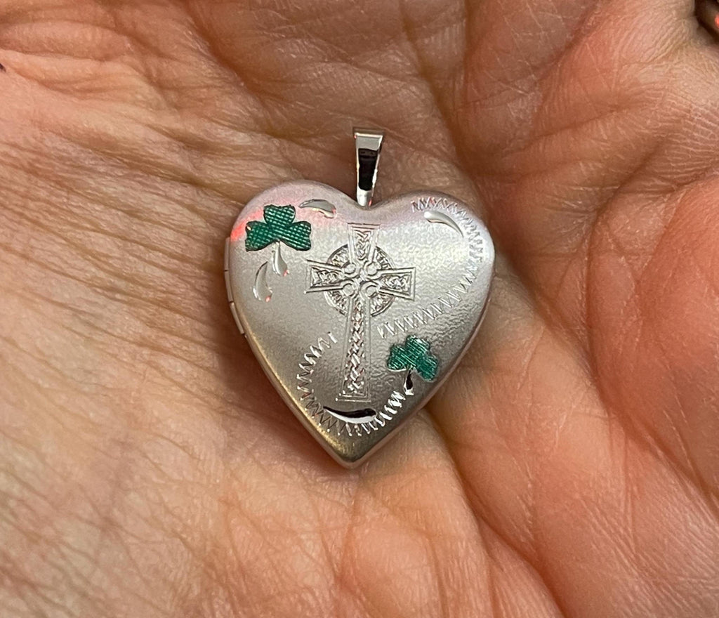 Sterling Silver Green Enamel Clover and Cross Heart Locket