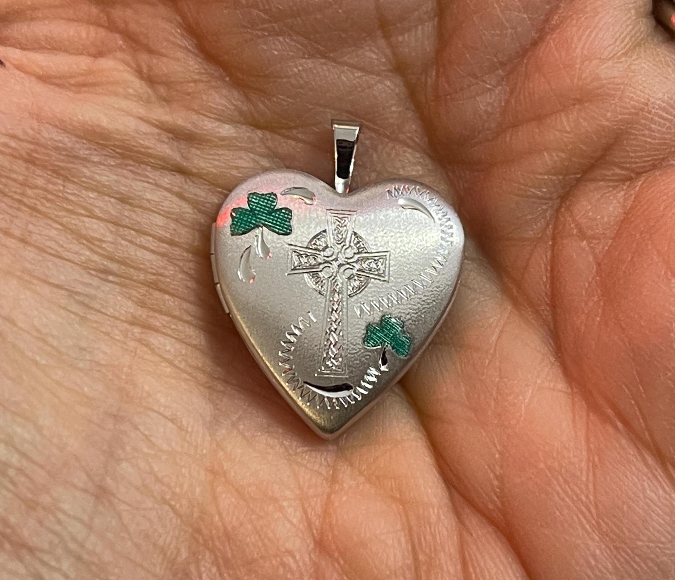 Sterling Silver Green Enamel Clover and Cross Heart Locket