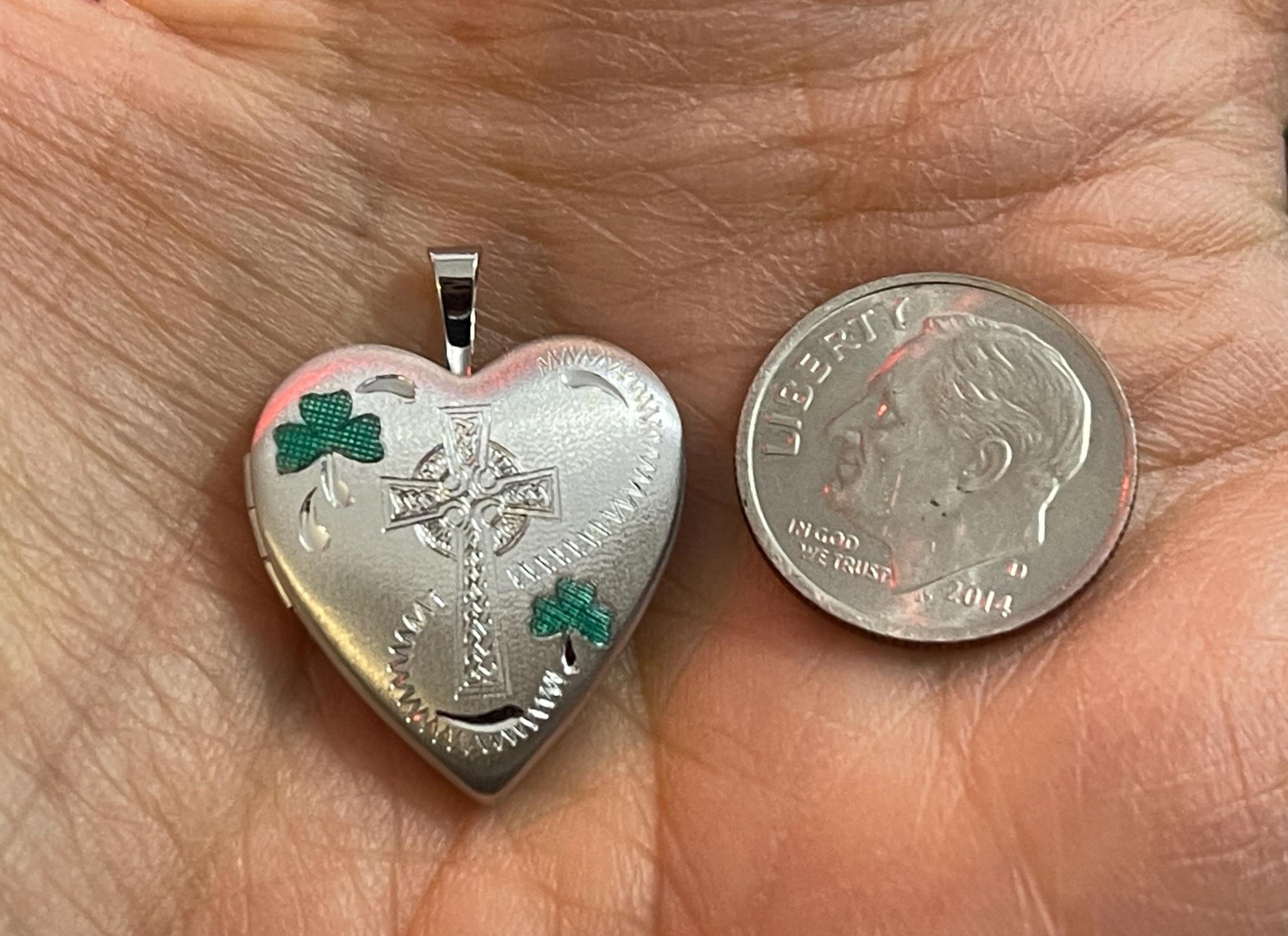 Sterling Silver Green Enamel Clover and Cross Heart Locket