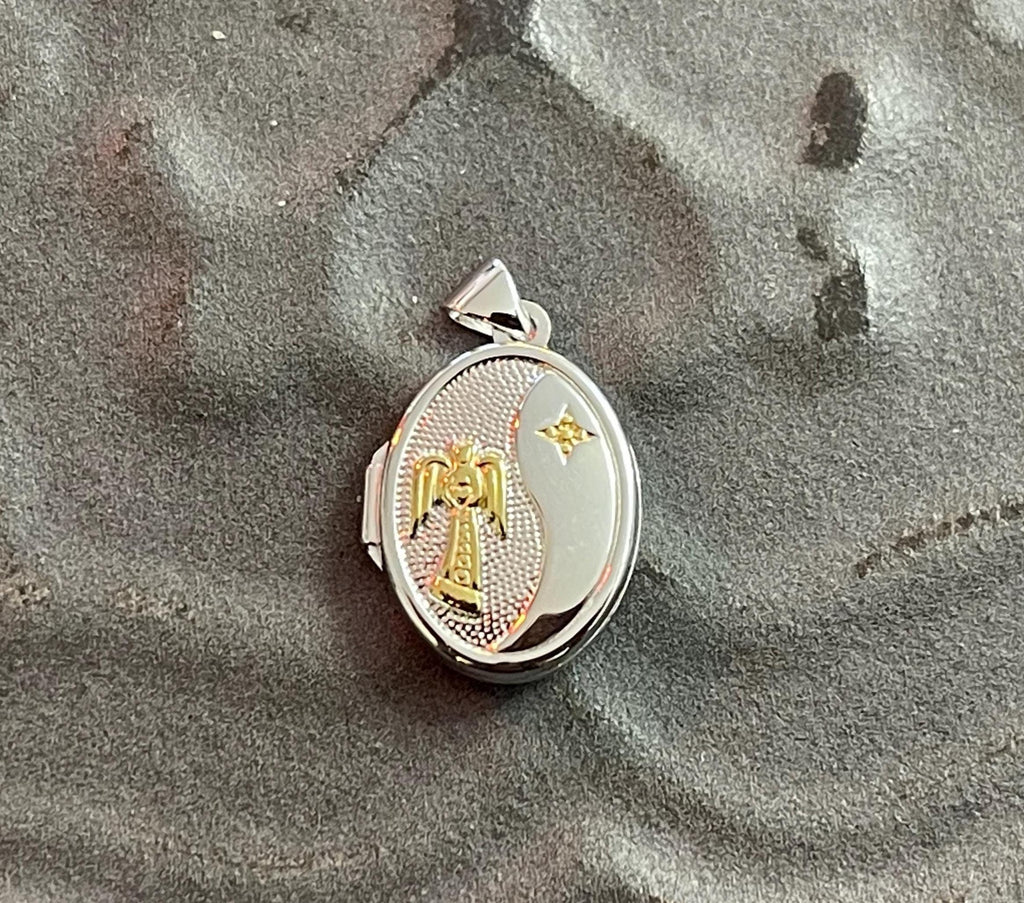 Sterling Silver Yellow Rhodium 17mm Guardian Angel Oval Locket