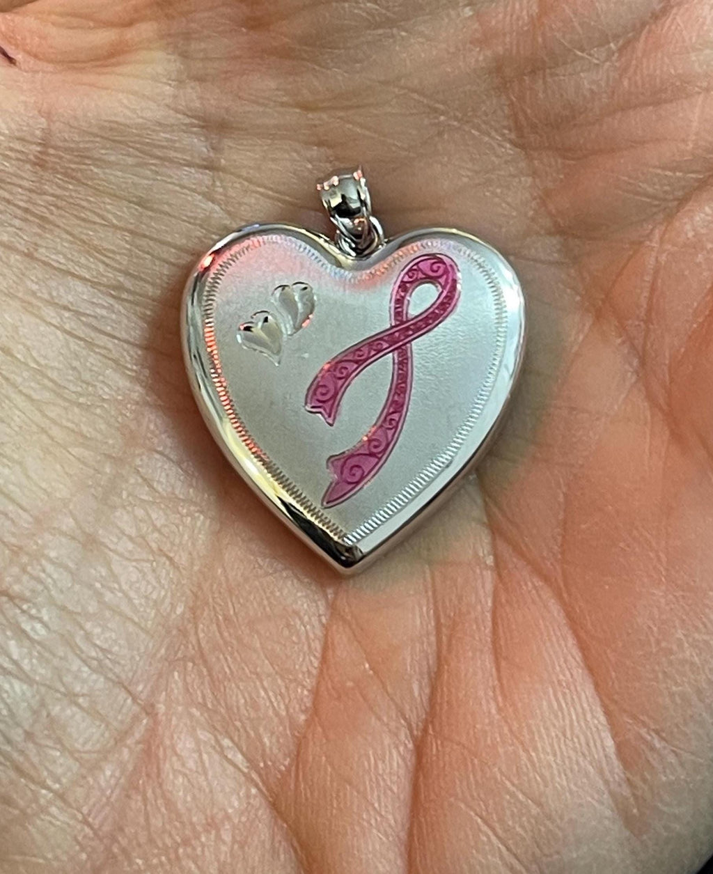 Sterling Silver Rhodium-plated Pink Ribbon Heart Locket