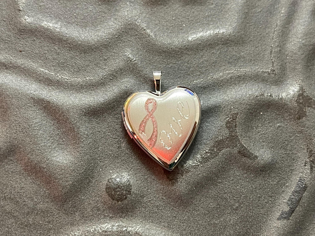 Sterling Silver Rhodium-plated Pink Ribbon Love Heart Locket