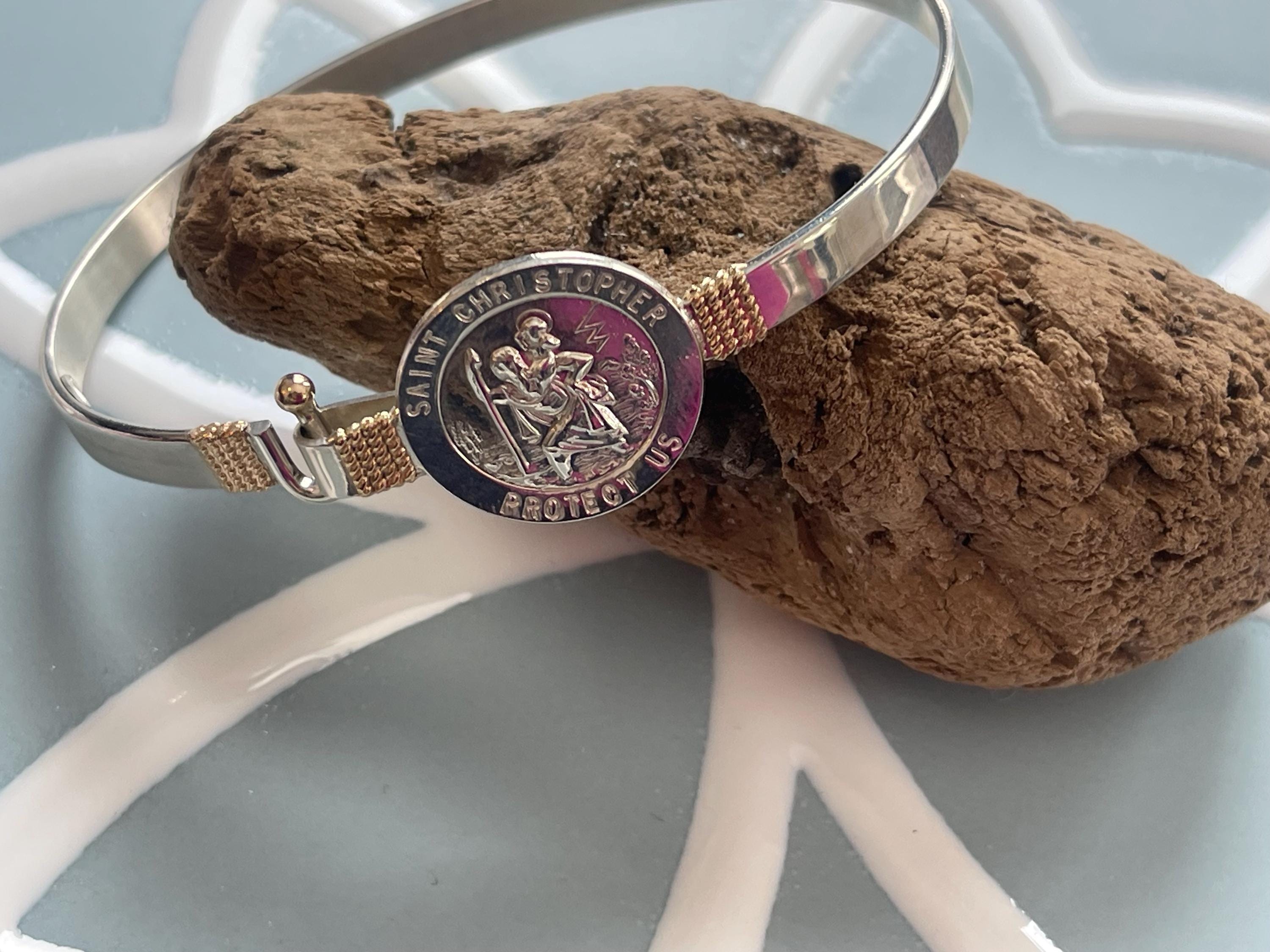 Sterling Silver with 14K Gold Accent St Christopher Polished Bangle Bracelet