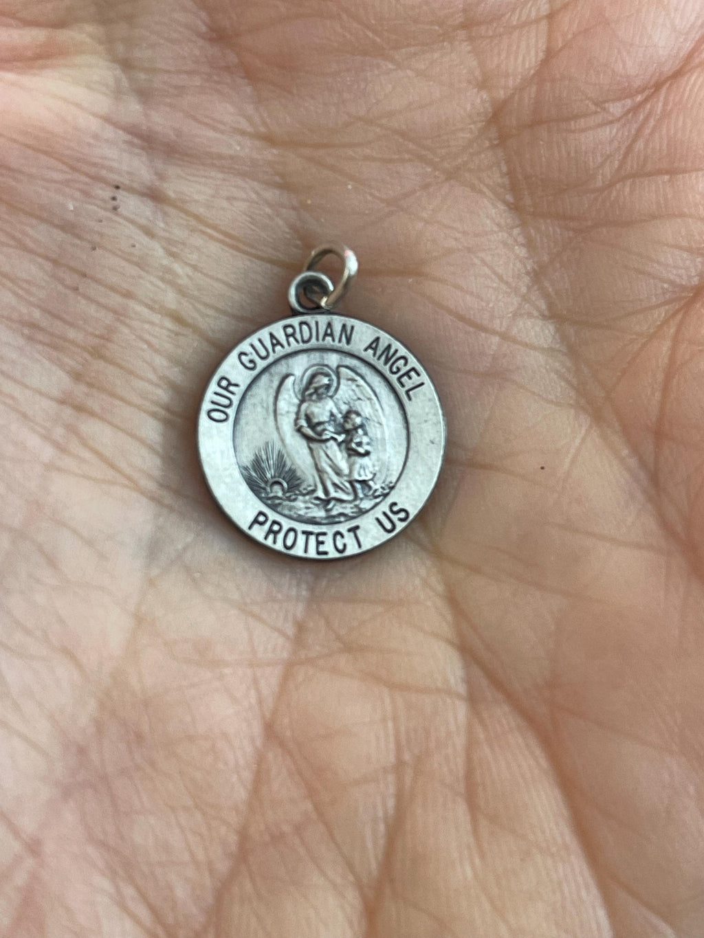Sterling Silver Our Guardian Angel Round Medal Charm Pendant