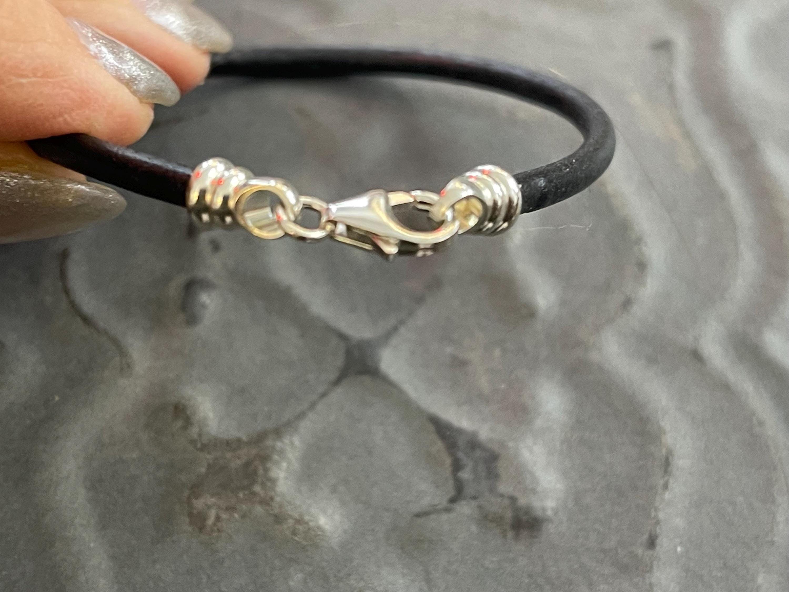 Black Leather Cord Bracelet with Sterling Silver Threaded Clasp