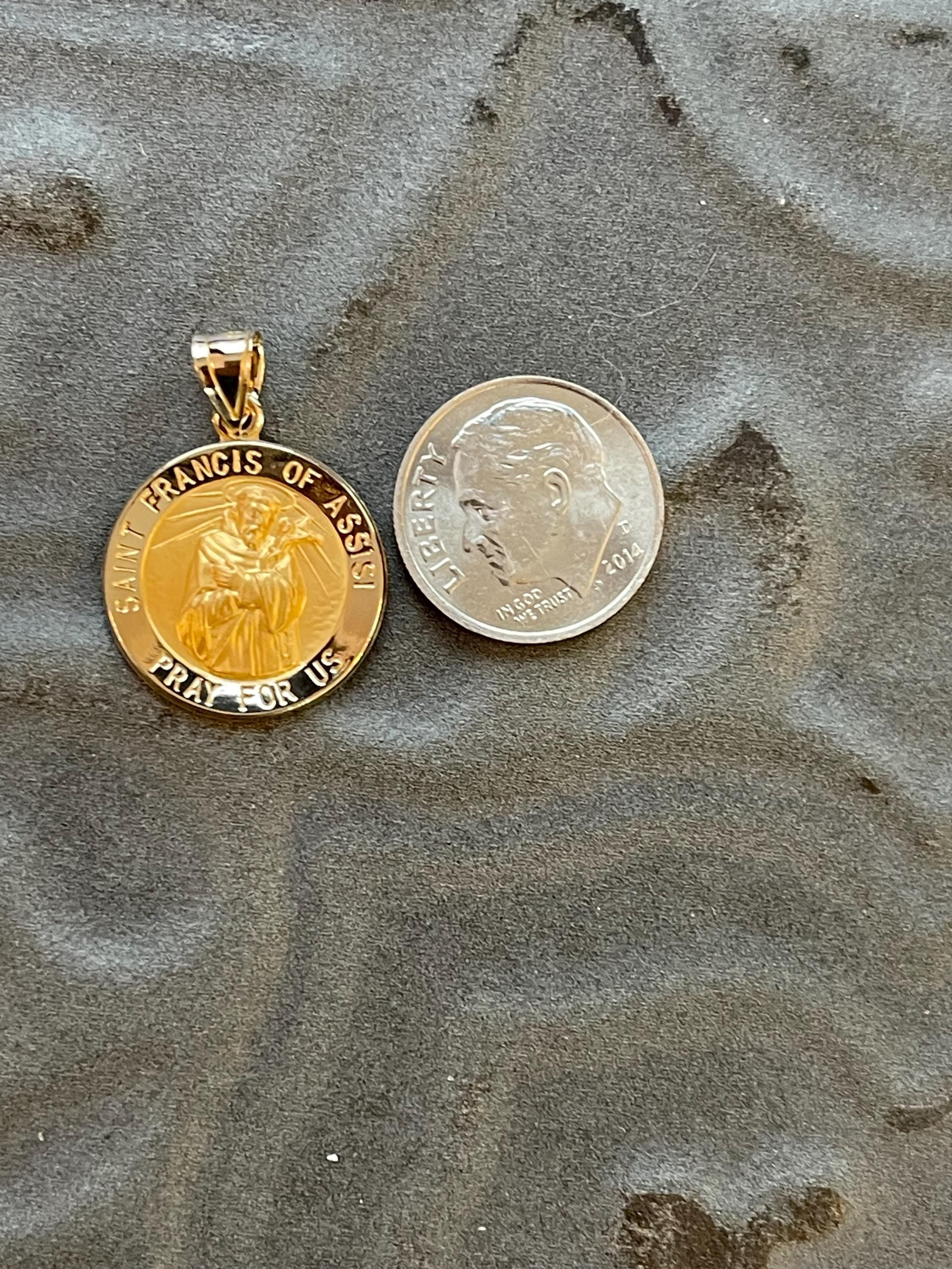14K Yellow Gold Round Hollow St. Francis of Assisi Medal Pendant 18mm