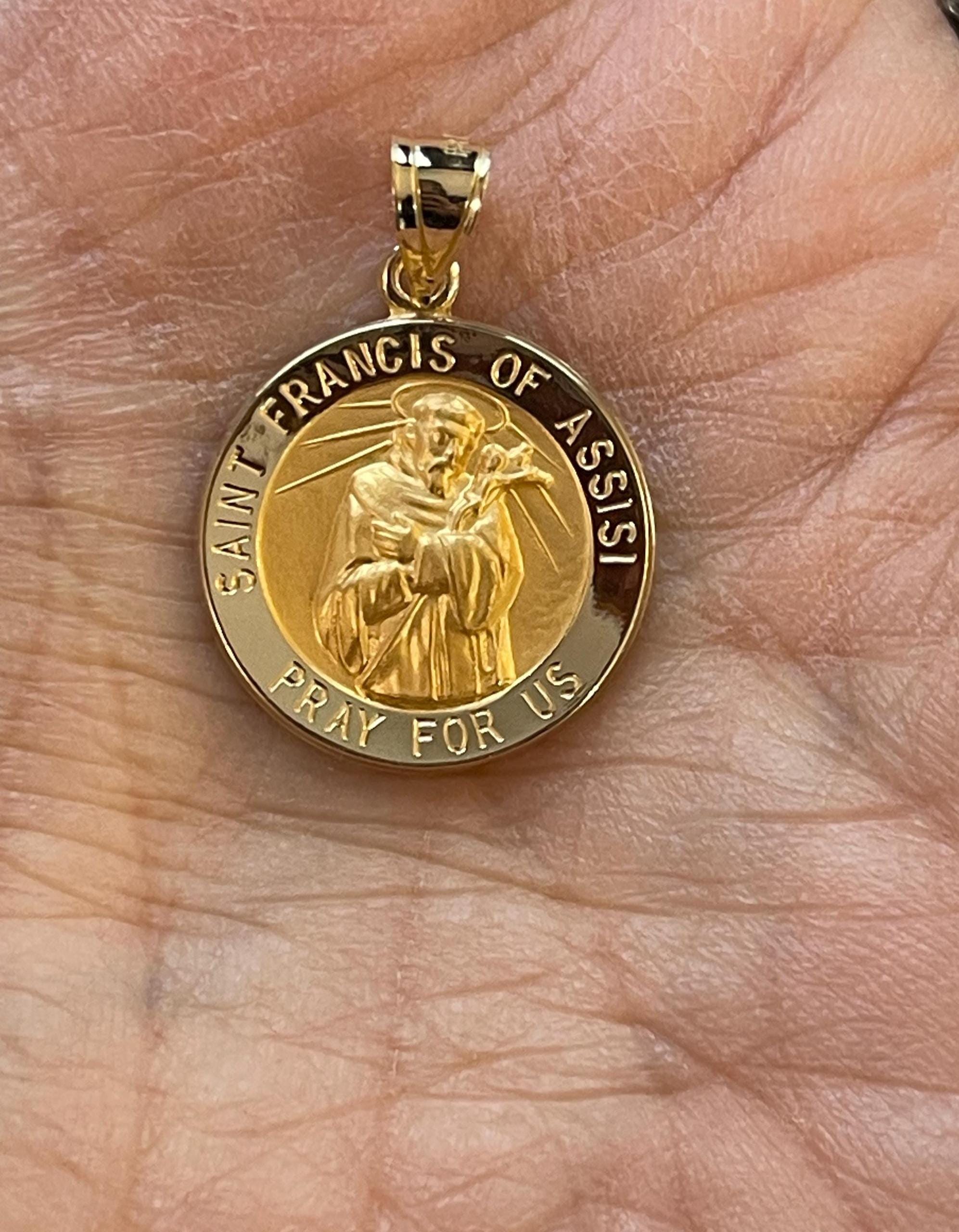 14K Yellow Gold Round Hollow St. Francis of Assisi Medal Pendant 18mm