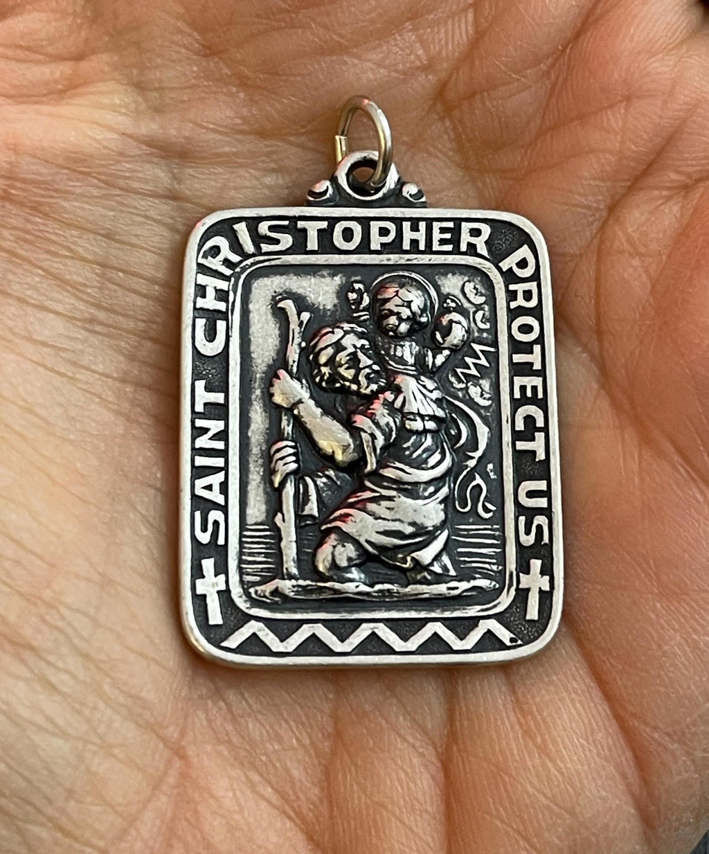 Sterling Silver 31.5x26 mm Saint Christopher Rectangle Medal Pendant