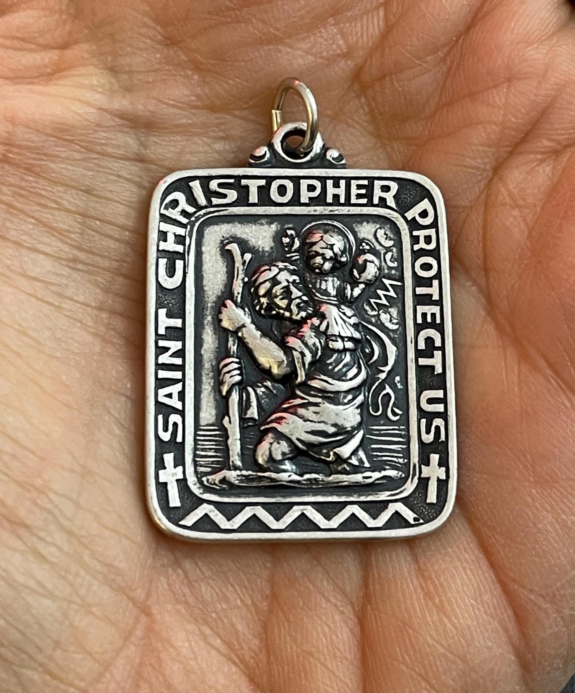 Sterling Silver 31.5x26 mm Saint Christopher Rectangle Medal Pendant