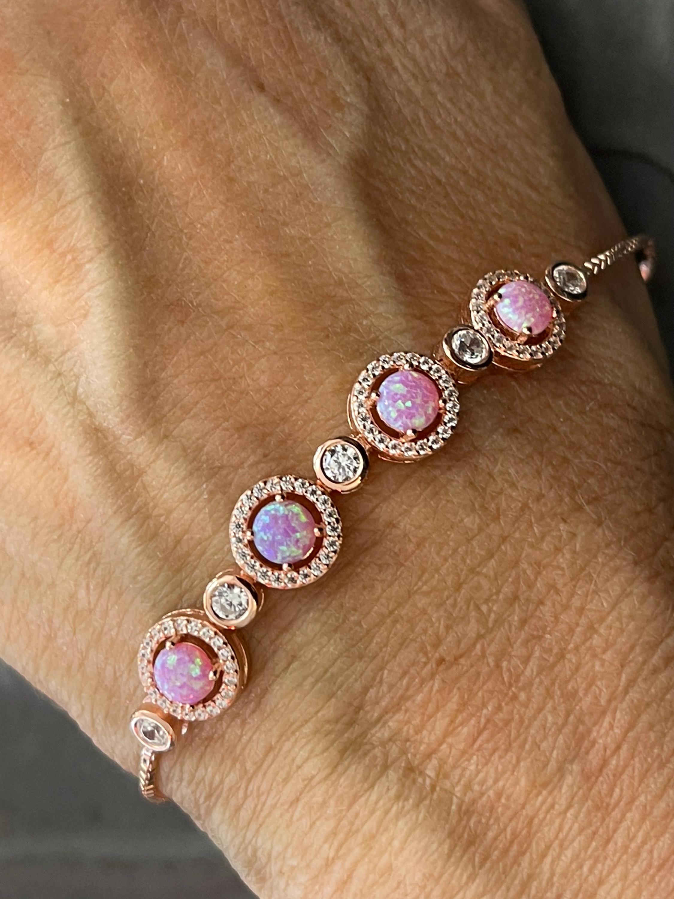 Sterling Silver Rose-tone Opal and Cubic Zirconia Adjustable Bracelet