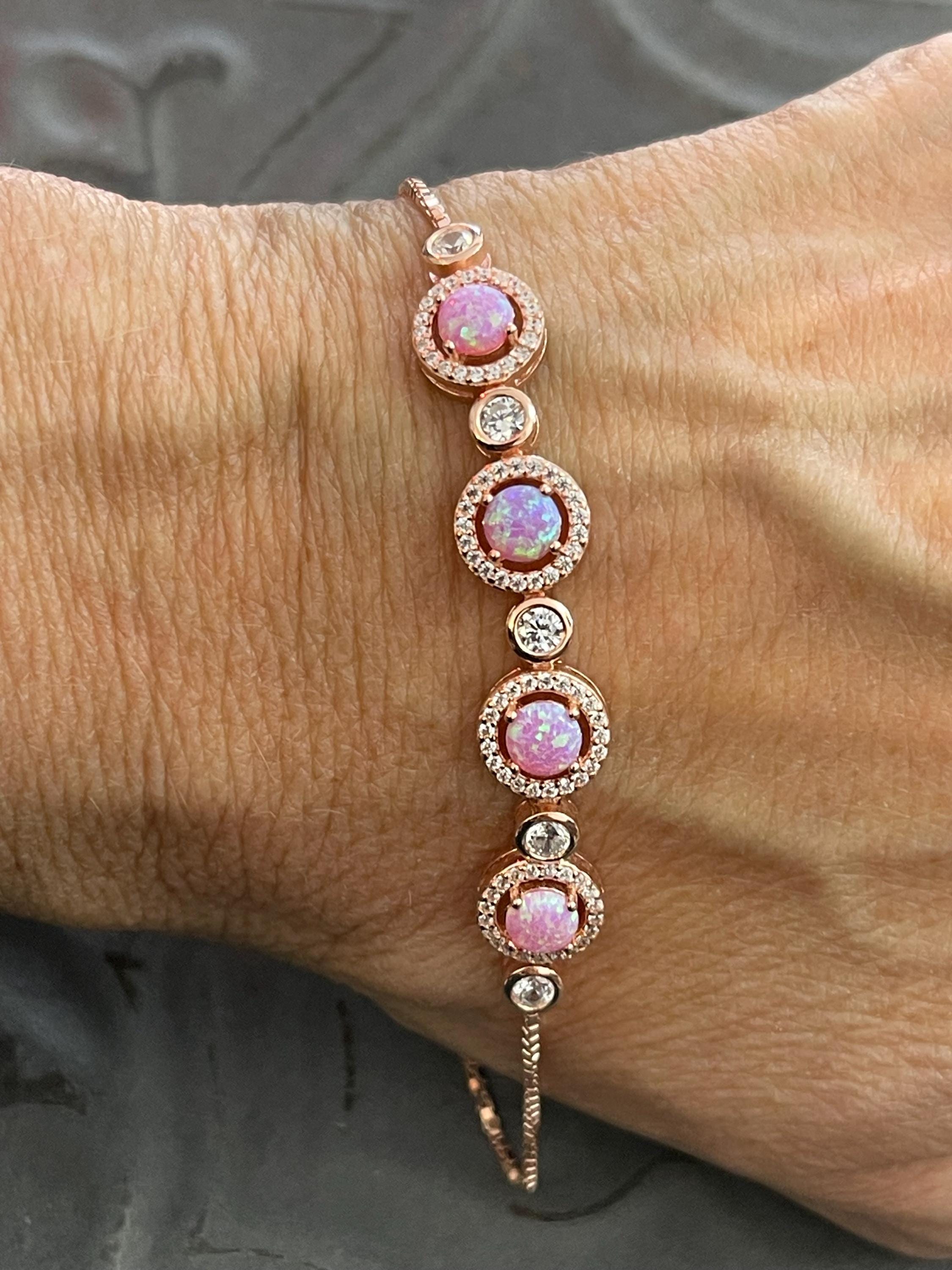 Sterling Silver Rose-tone Opal and Cubic Zirconia Adjustable Bracelet