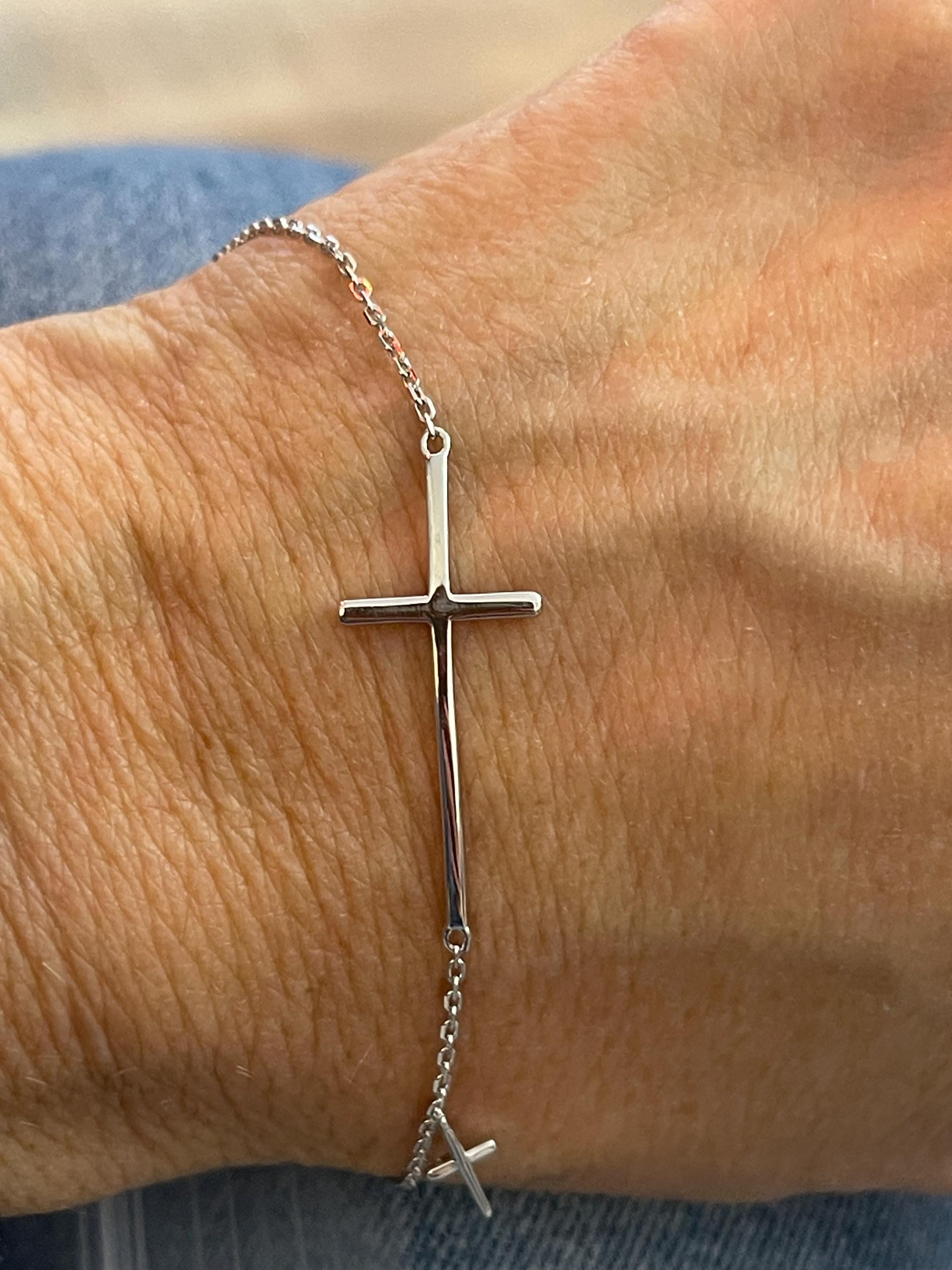 Sterling Silver Rhodium-Plated Sideways Cross Bracelet