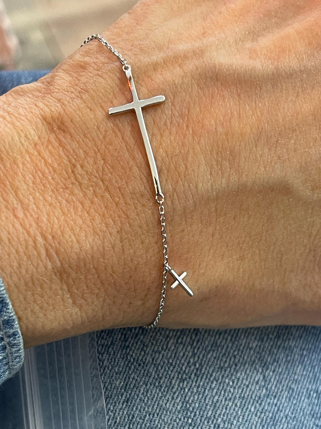 Sterling Silver Rhodium-Plated Sideways Cross Bracelet