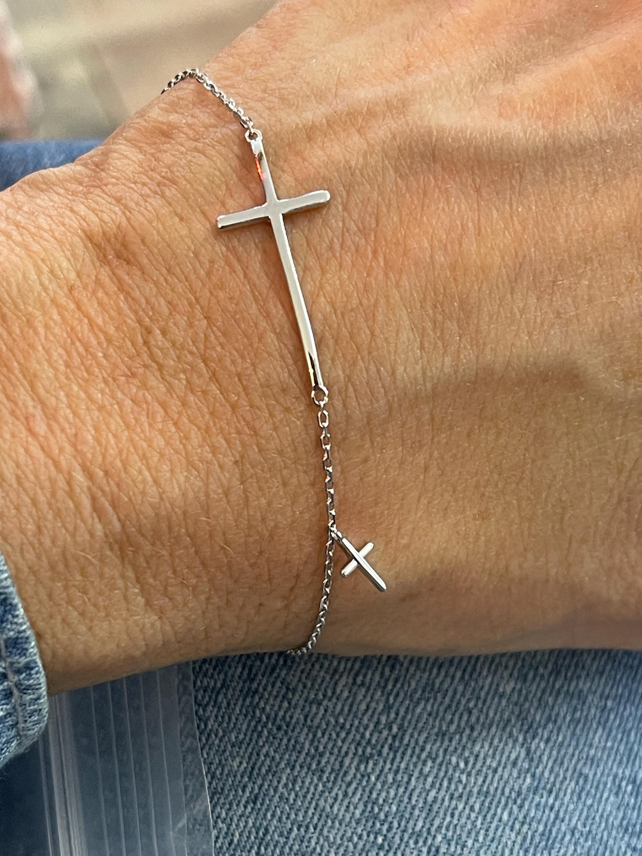 Sterling Silver Rhodium-Plated Sideways Cross Bracelet