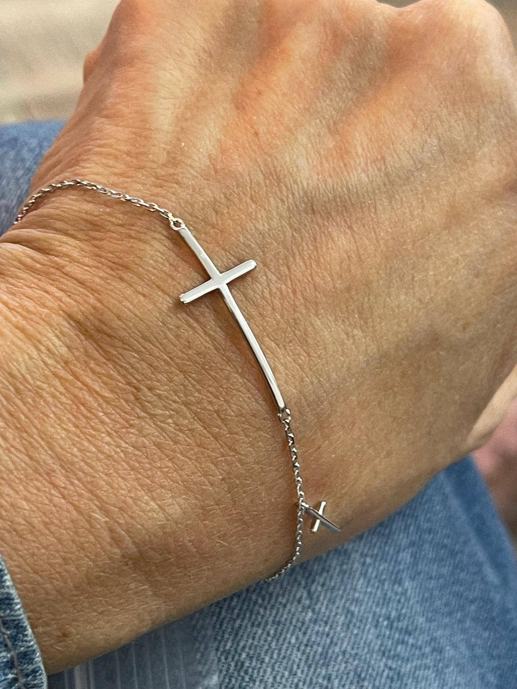 Sterling Silver Rhodium-Plated Sideways Cross Bracelet