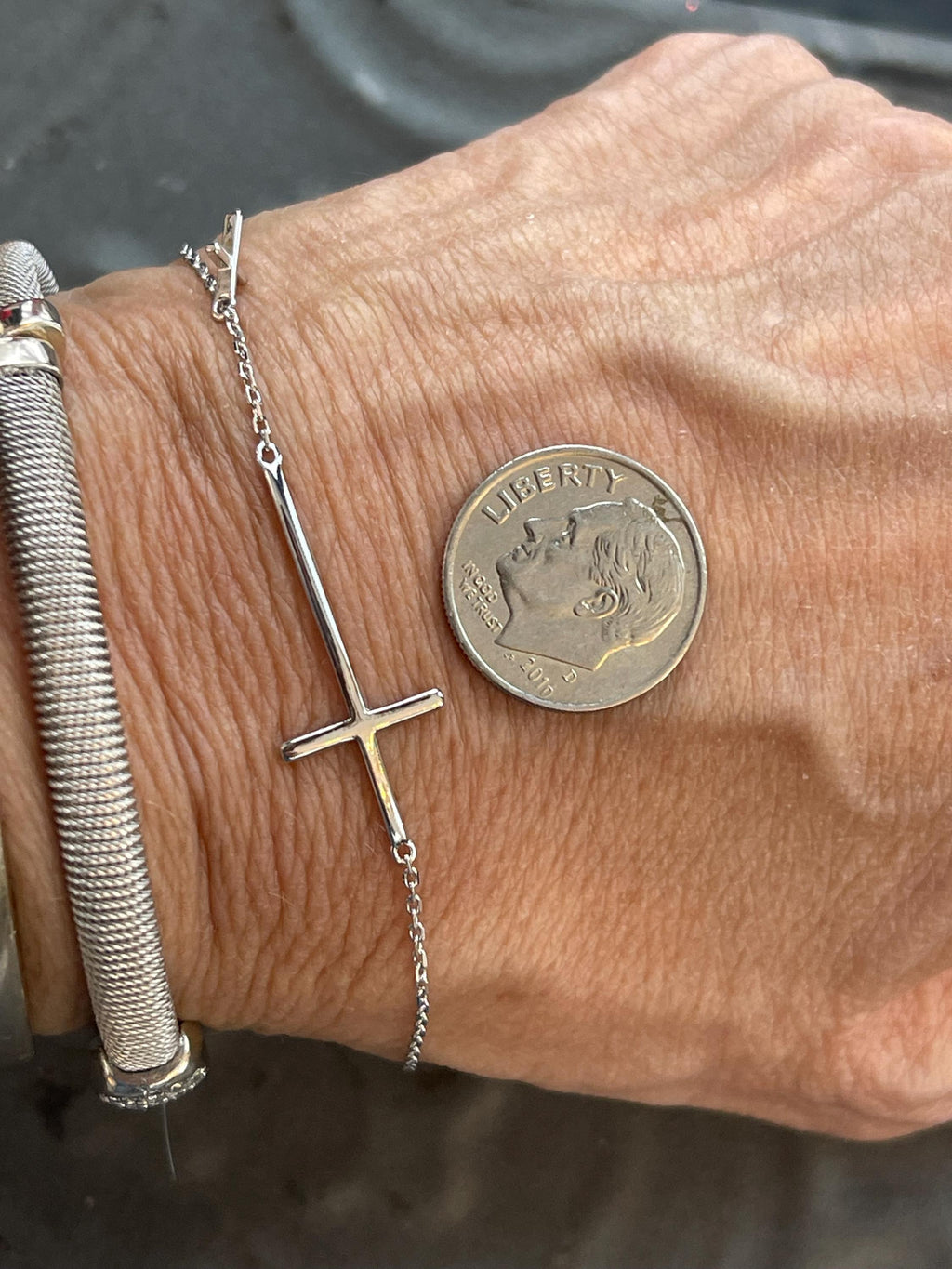 Sterling Silver Rhodium-Plated Sideways Cross Bracelet