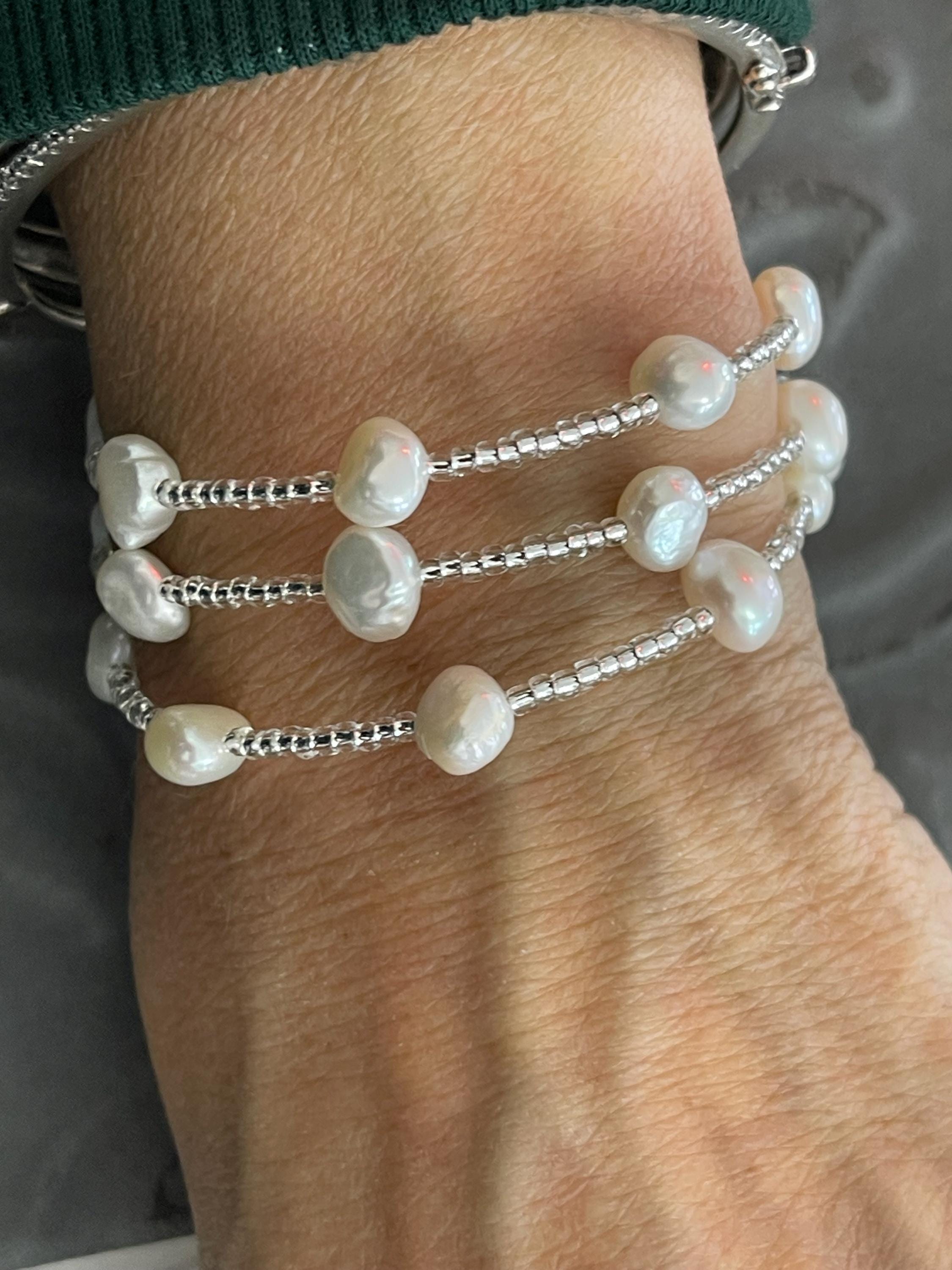 White Baroque Freshwater Cultured Pearl and Glass Beaded Wrap Slip-on Fashion Bracelet