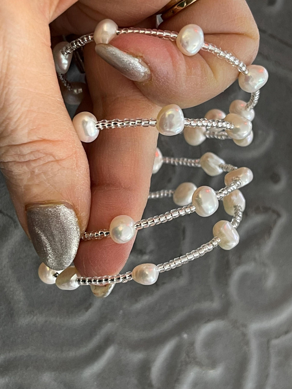 White Baroque Freshwater Cultured Pearl and Glass Beaded Wrap Slip-on Fashion Bracelet