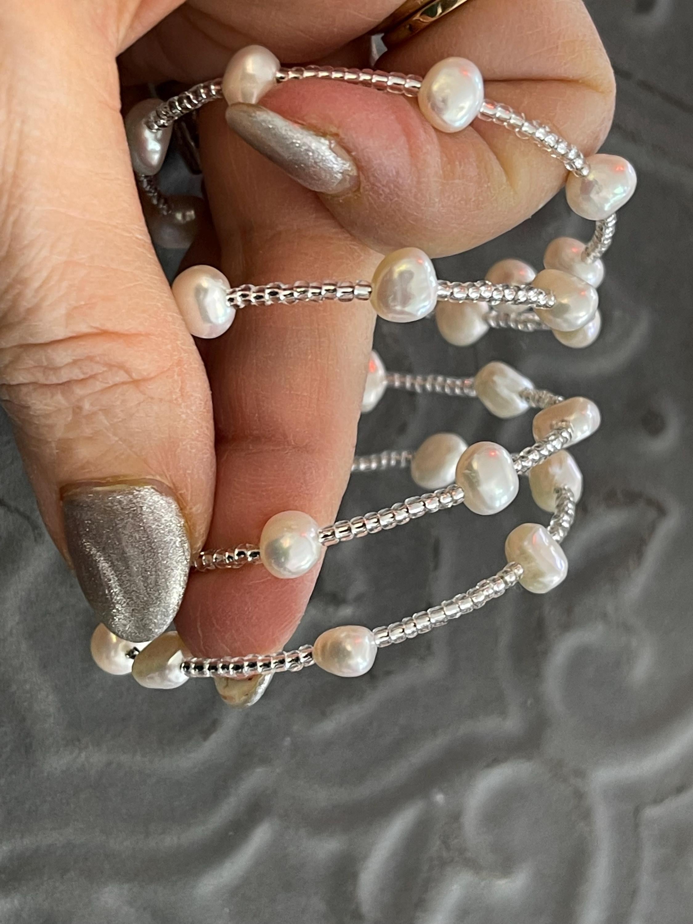 White Baroque Freshwater Cultured Pearl and Glass Beaded Wrap Slip-on Fashion Bracelet