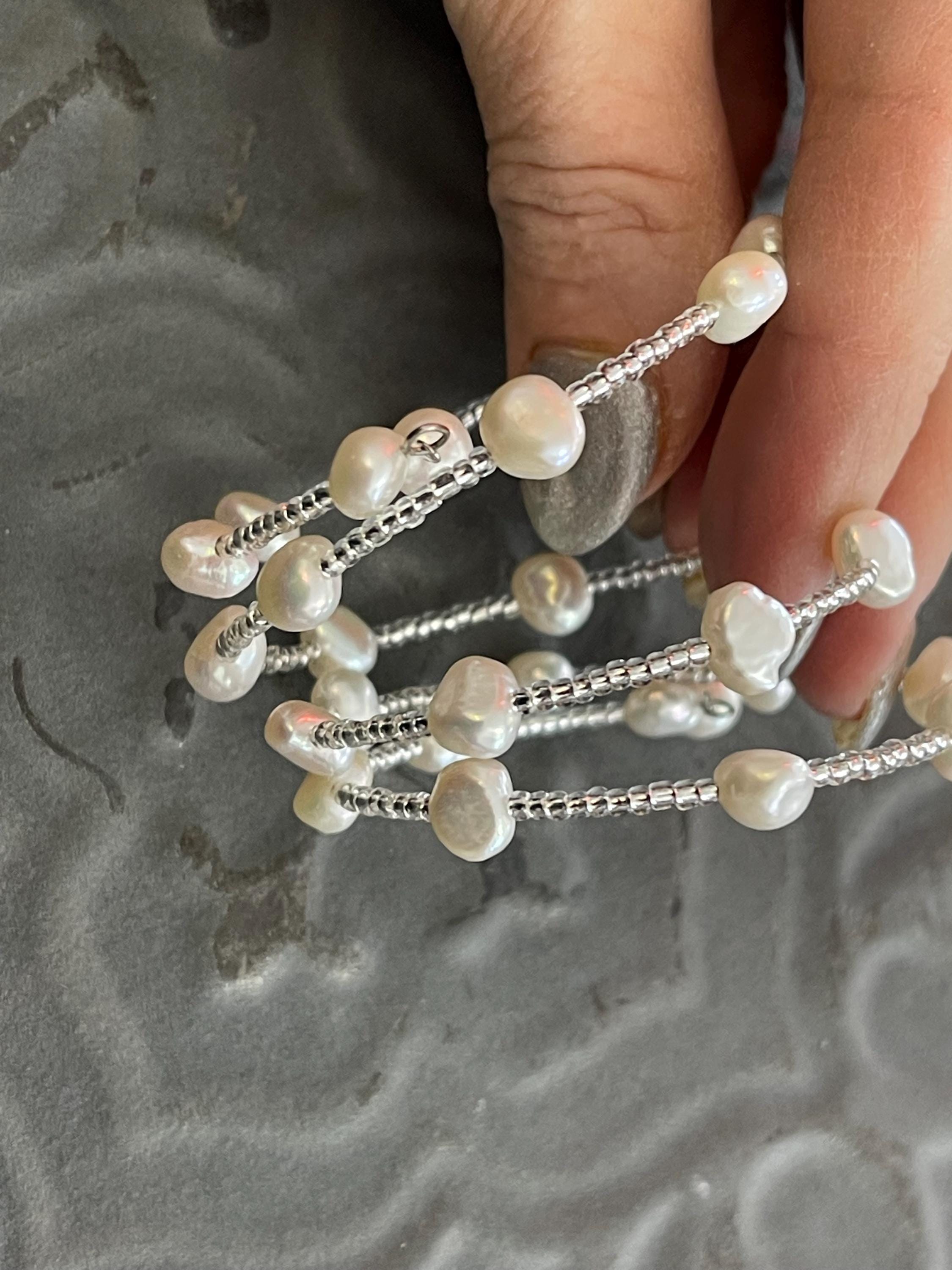 White Baroque Freshwater Cultured Pearl and Glass Beaded Wrap Slip-on Fashion Bracelet