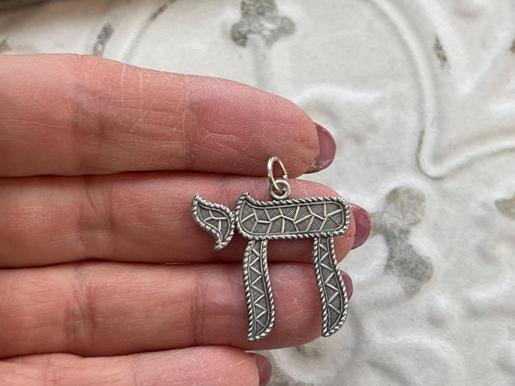 Sterling Silver Antiqued Textured Chai Pendant