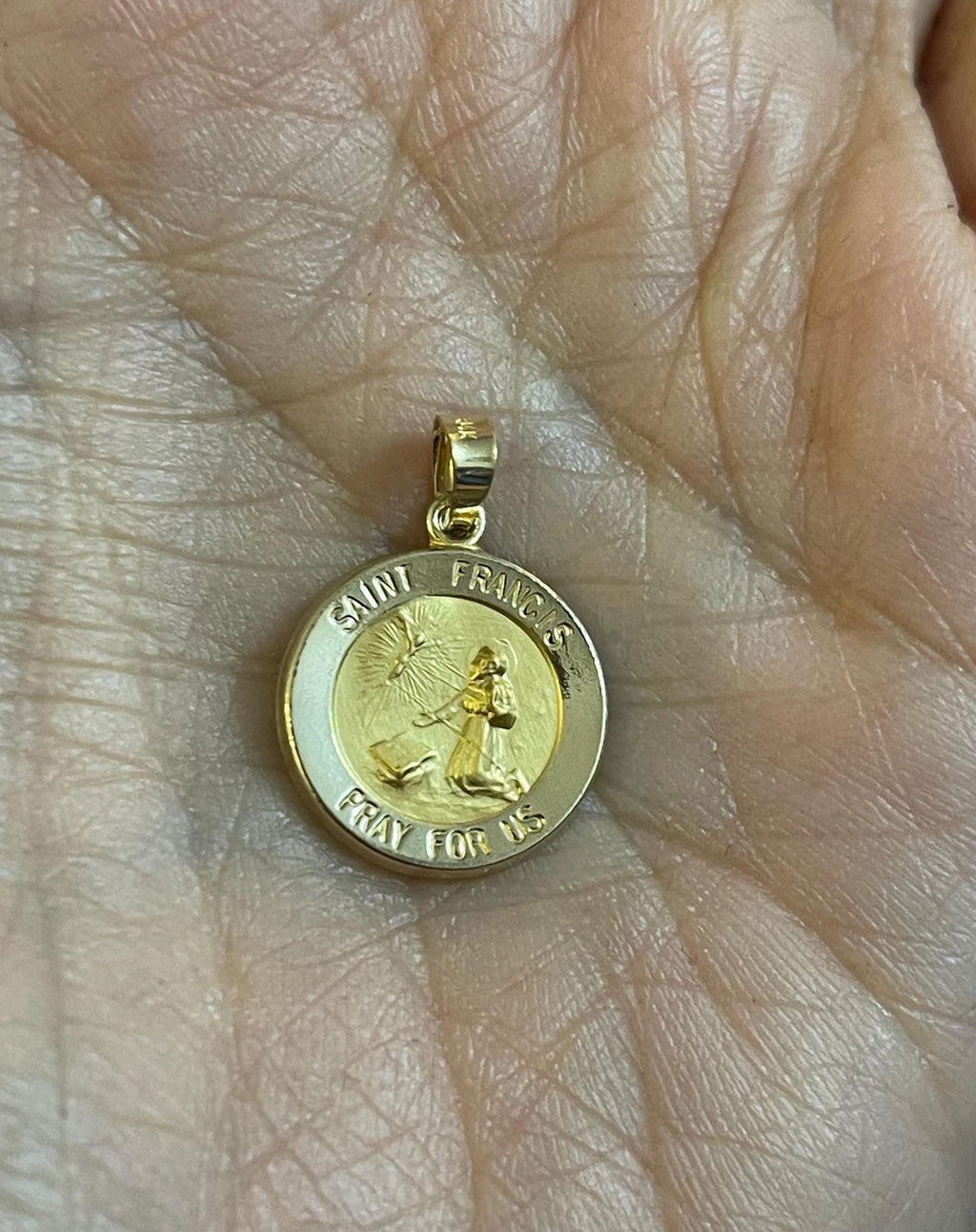 14K Yellow Gold Round Hollow St. Francis Medal Pendant 15mm