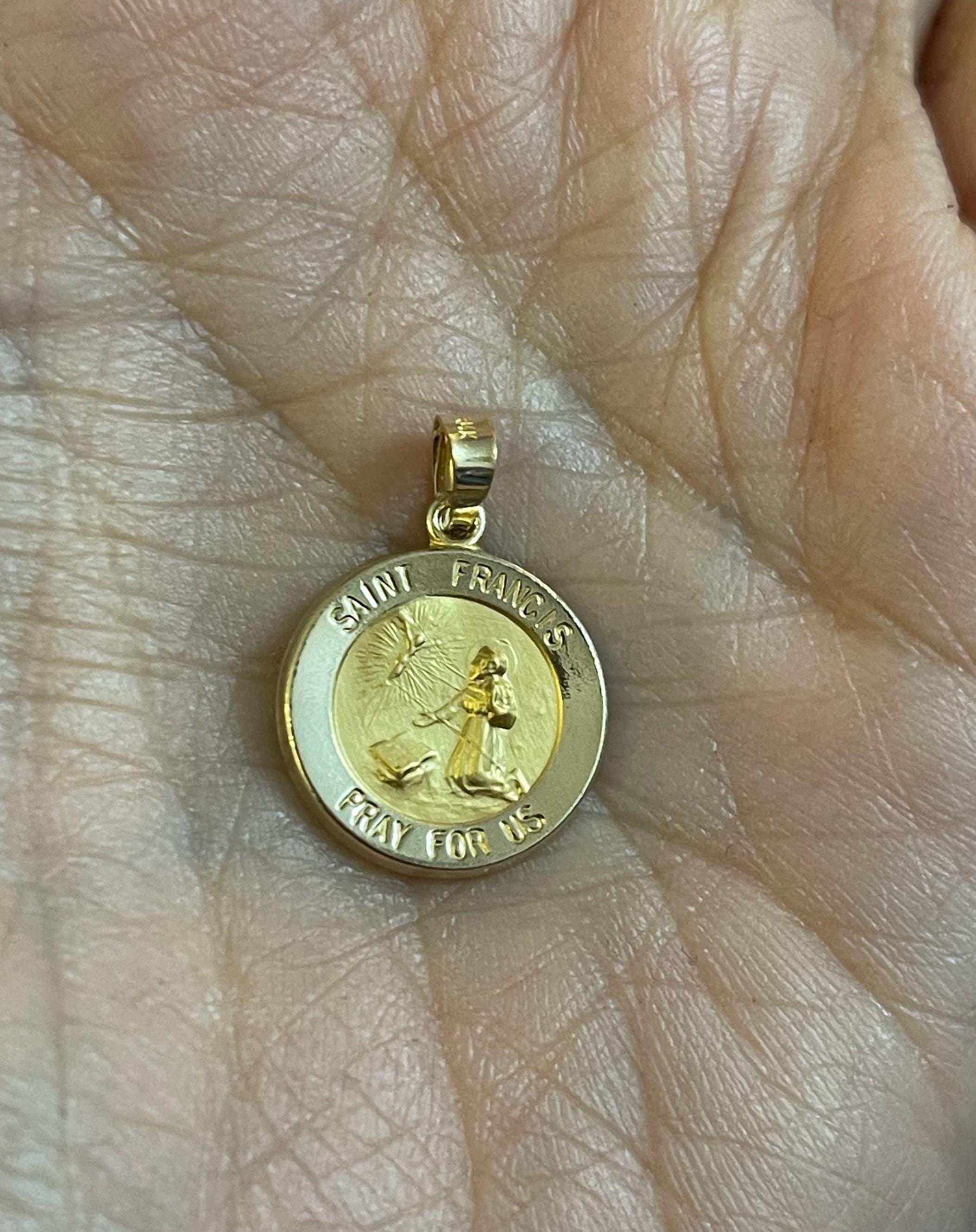 14K Yellow Gold Round Hollow St. Francis Medal Pendant 15mm