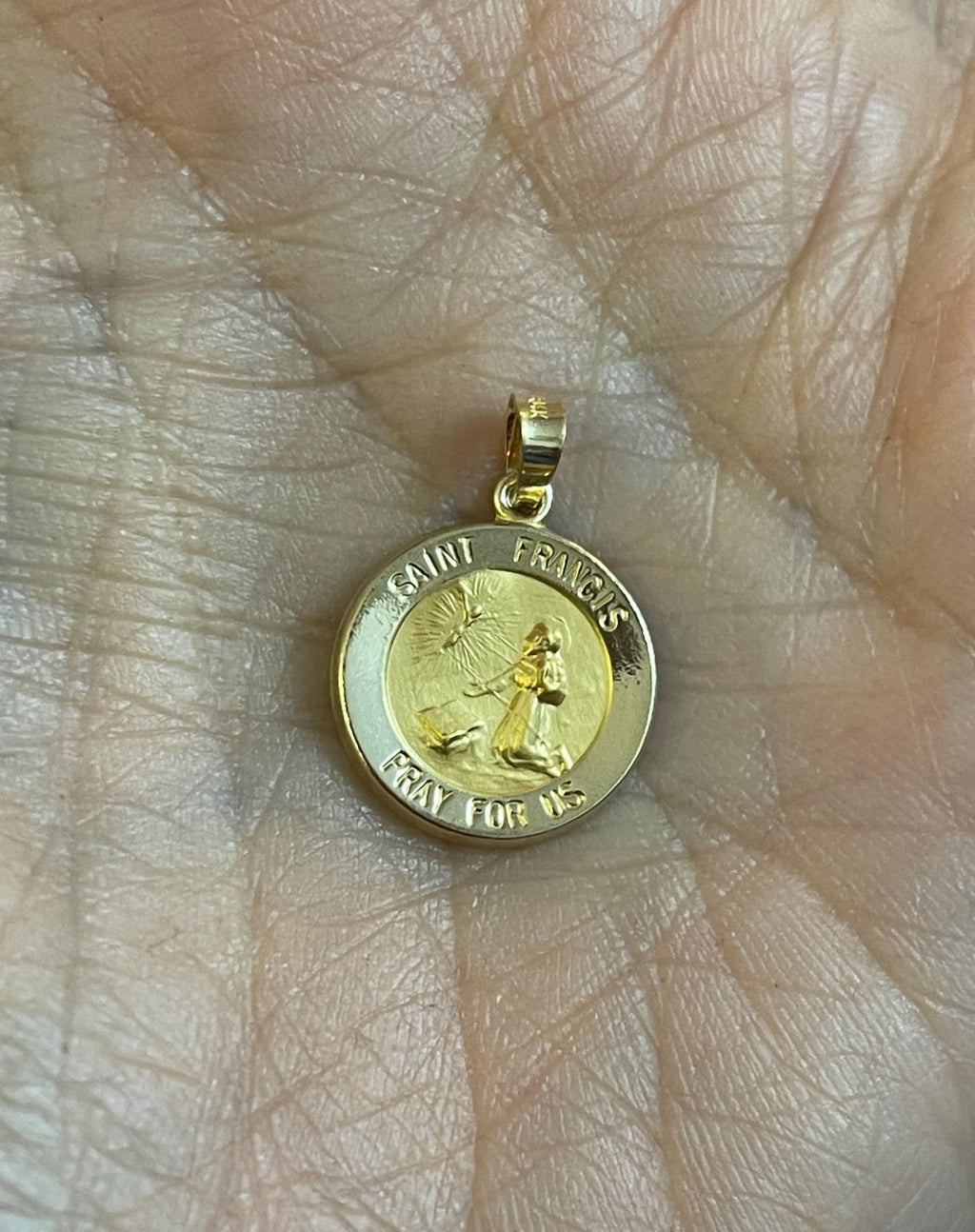 14K Yellow Gold Round Hollow St. Francis Medal Pendant 15mm