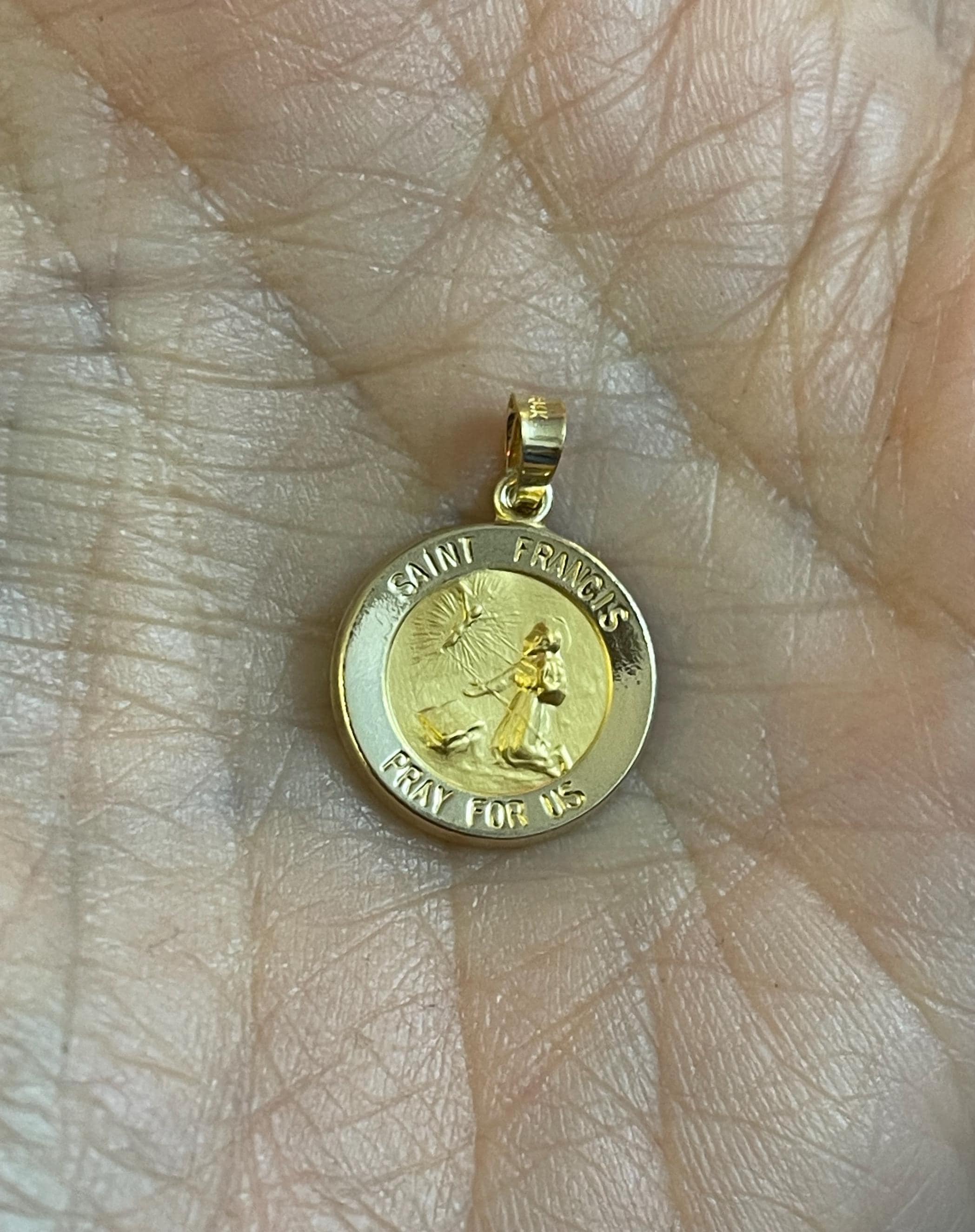 14K Yellow Gold Round Hollow St. Francis Medal Pendant 15mm