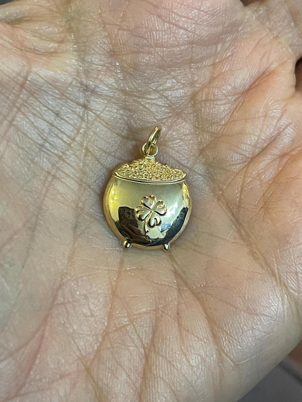 14K Yellow Gold Pot of Gold with Clover Charm Pendant