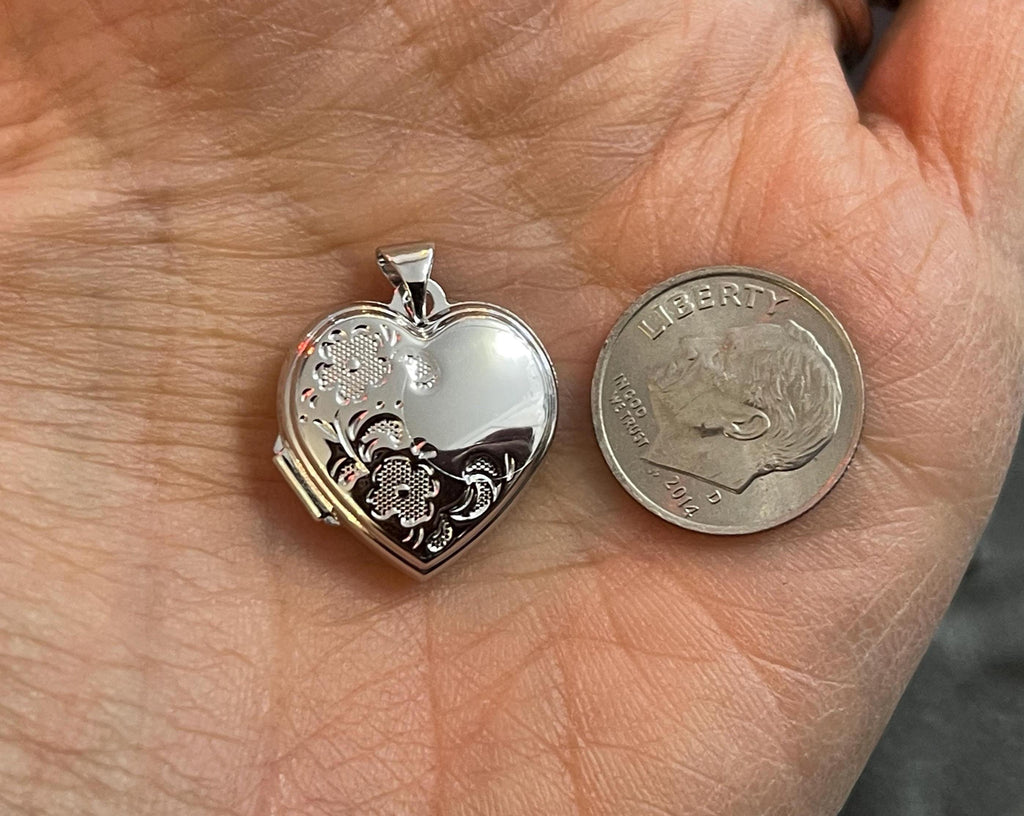 Sterling Silver Textured 18mm Floral Heart Polished Locket