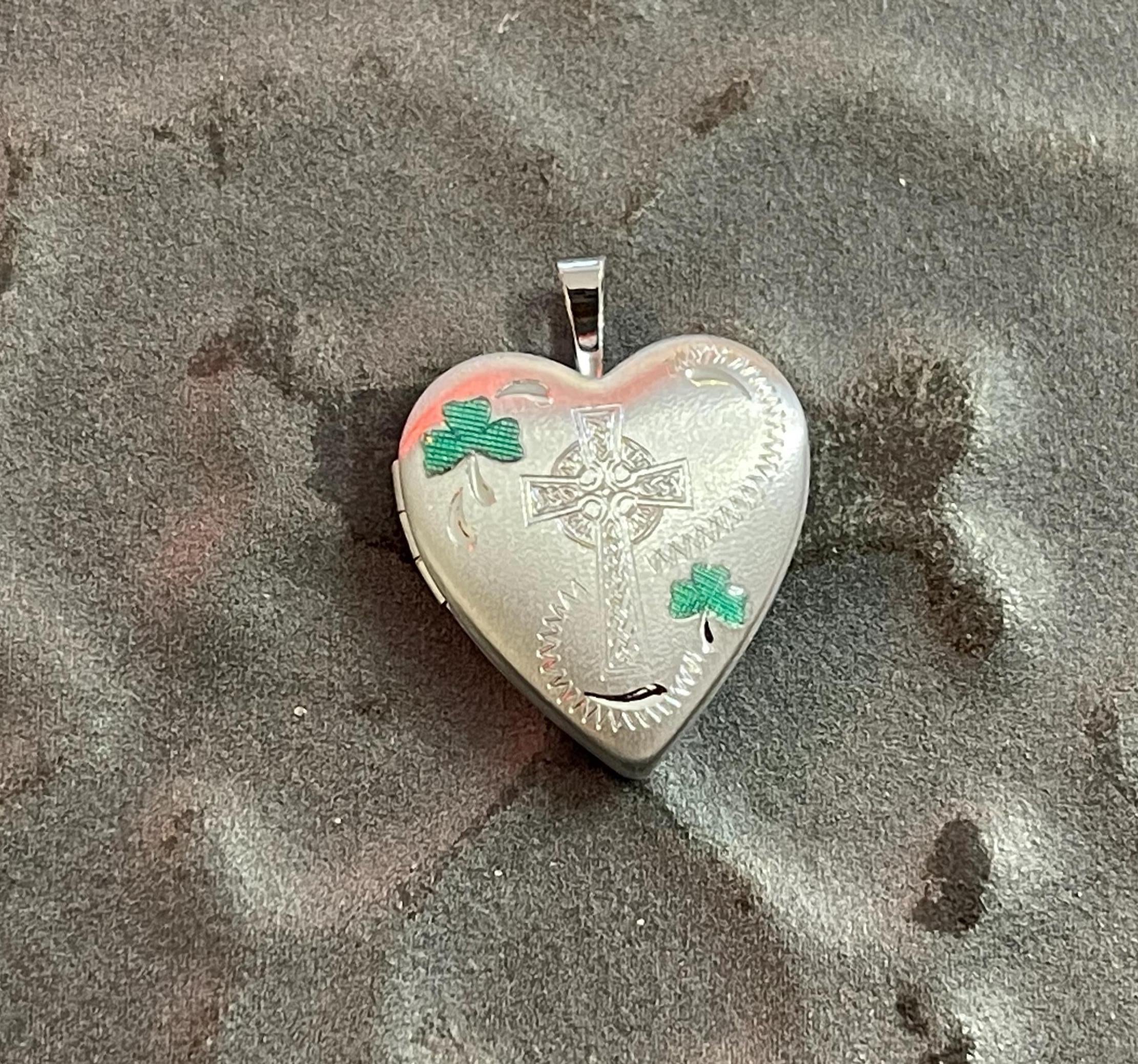 Sterling Silver Green Enamel Clover and Cross Heart Locket