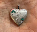 Sterling Silver Green Enamel Clover and Cross Heart Locket