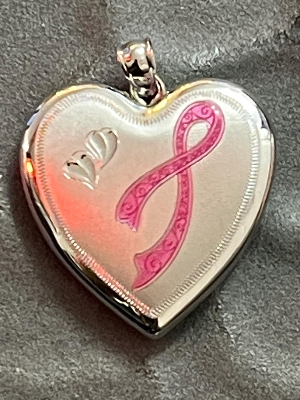 Sterling Silver Rhodium-plated Pink Ribbon Heart Locket
