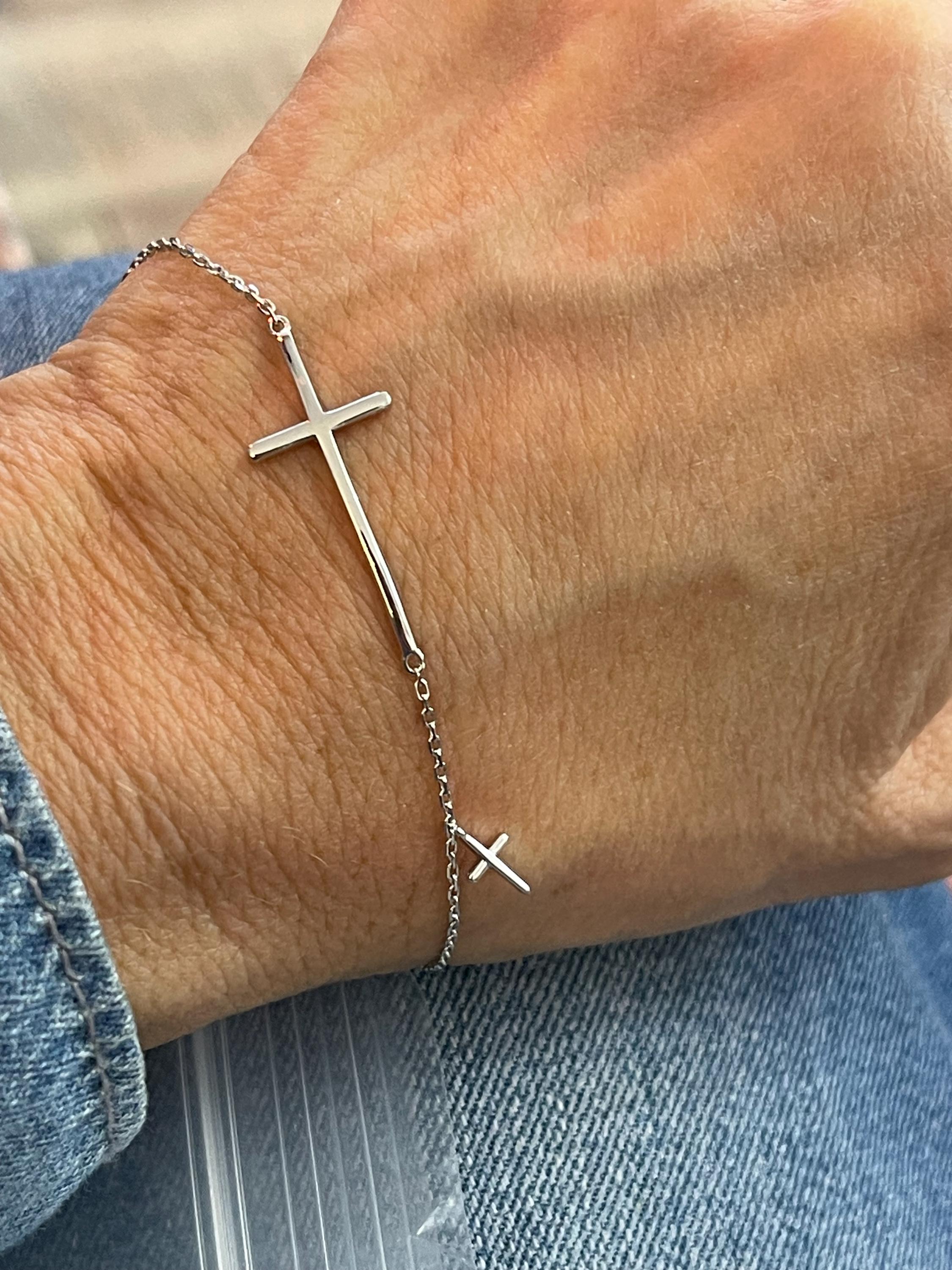 Sterling Silver Rhodium-Plated Sideways Cross Bracelet