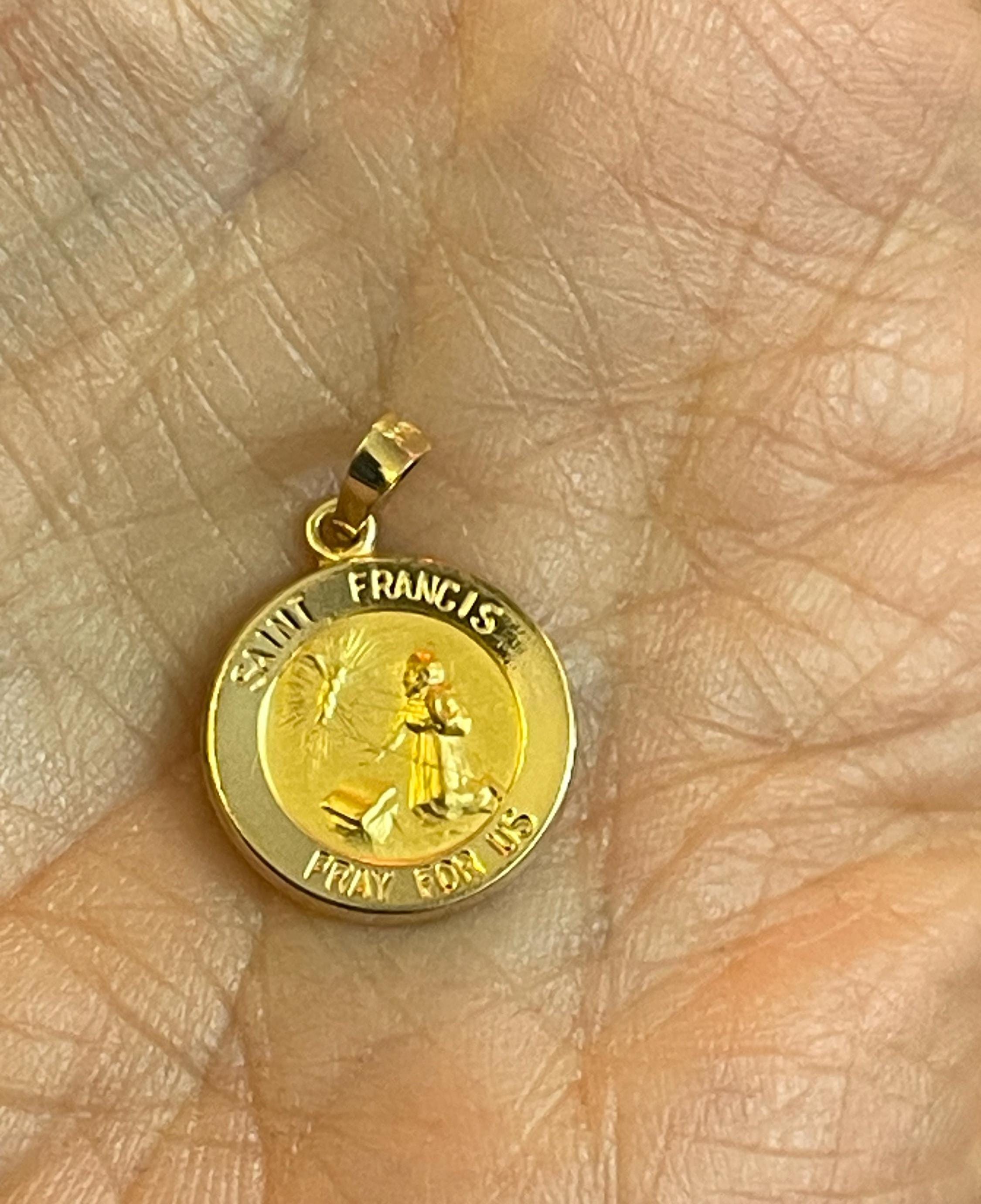 14K Yellow Gold Round Hollow St. Francis Medal Pendant 15mm