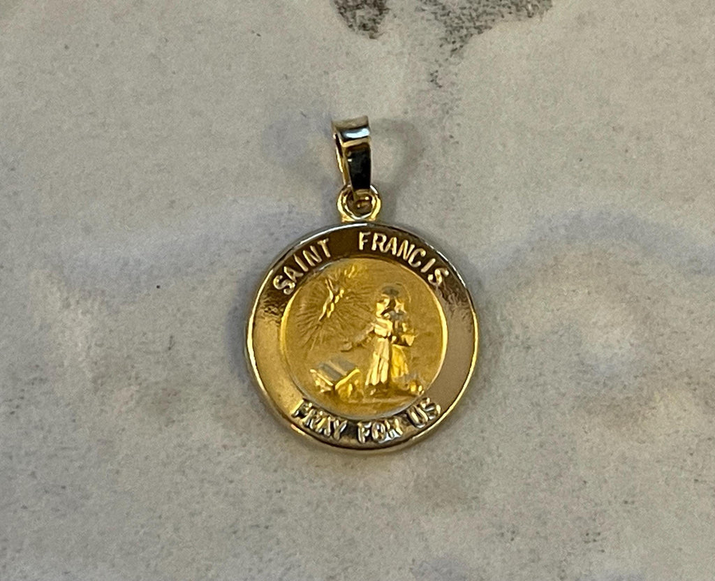 14K Yellow Gold Round Hollow St. Francis Medal Pendant 15mm