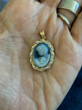 14k White and Yellow Gold Blue Agate Cameo Mother and Child Oval Diamond Pendant