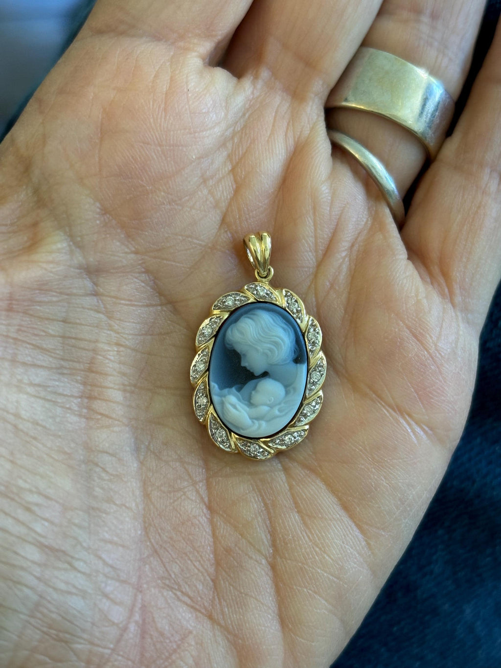 14k White and Yellow Gold Blue Agate Cameo Mother and Child Oval Diamond Pendant