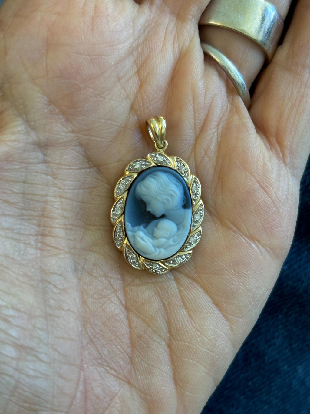 14k White and Yellow Gold Blue Agate Cameo Mother and Child Oval Diamond Pendant
