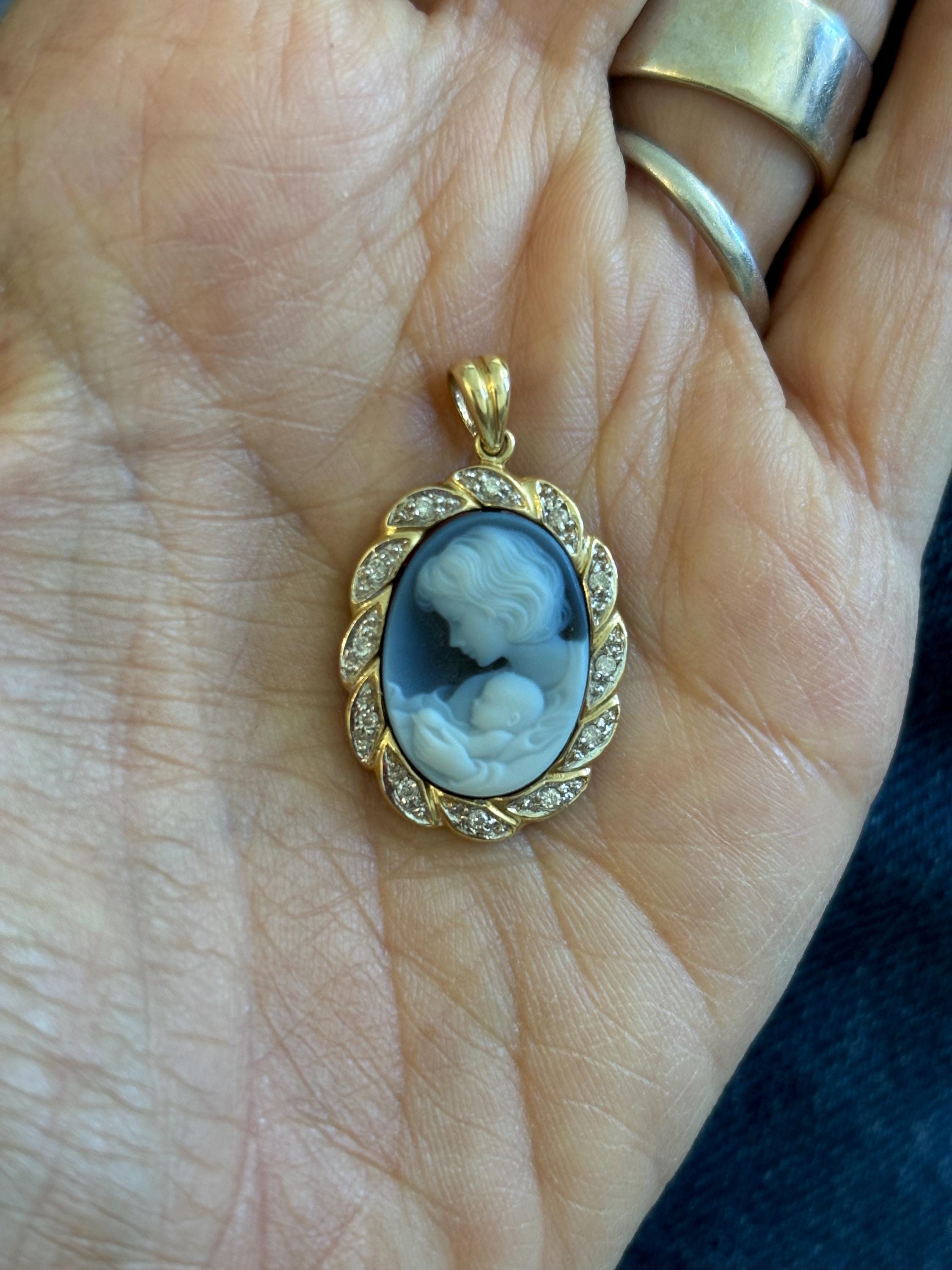 14k White and Yellow Gold Blue Agate Cameo Mother and Child Oval Diamond Pendant