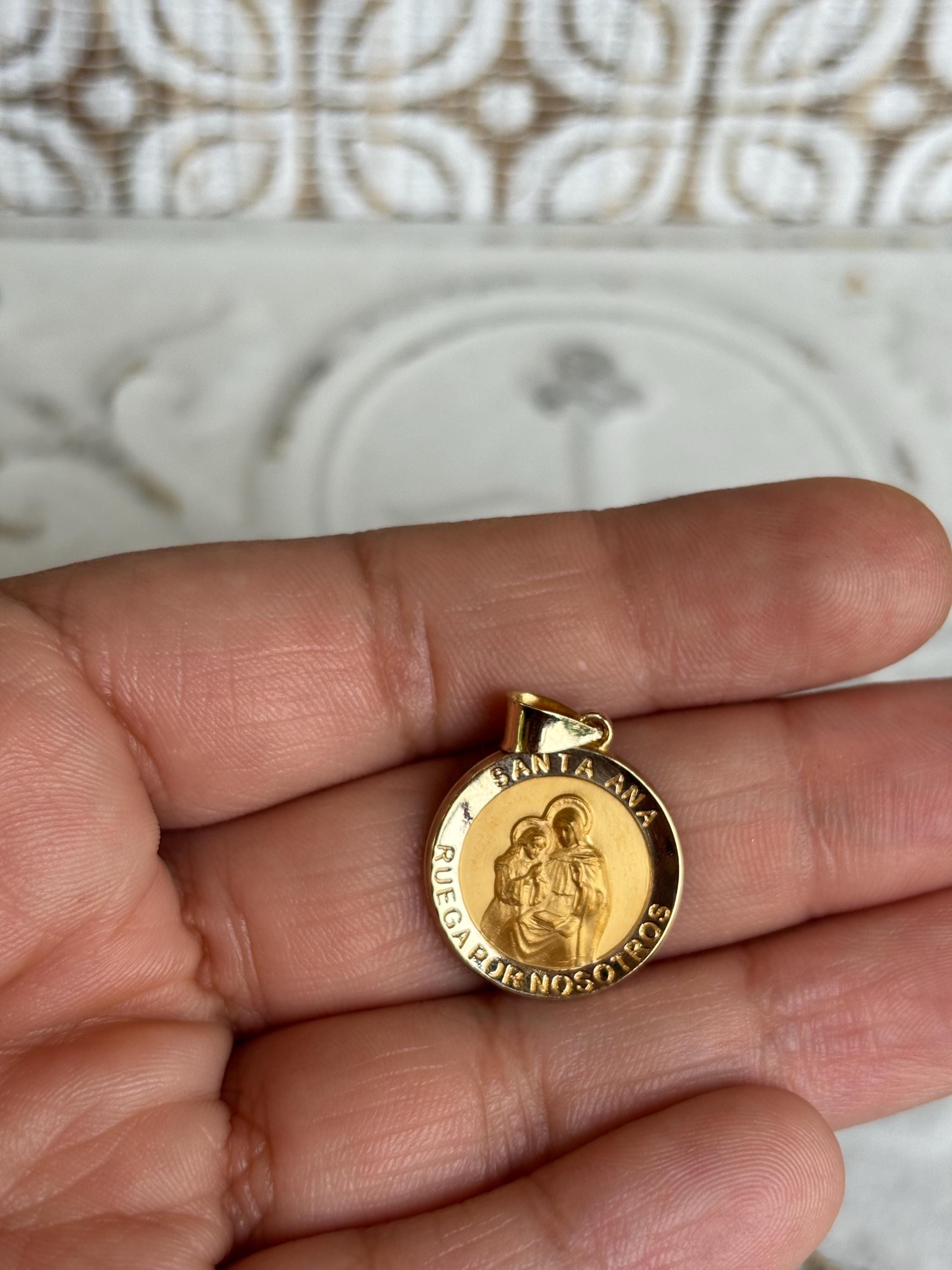 14K Polished and Satin Hollow Spanish Santa Ana Medal