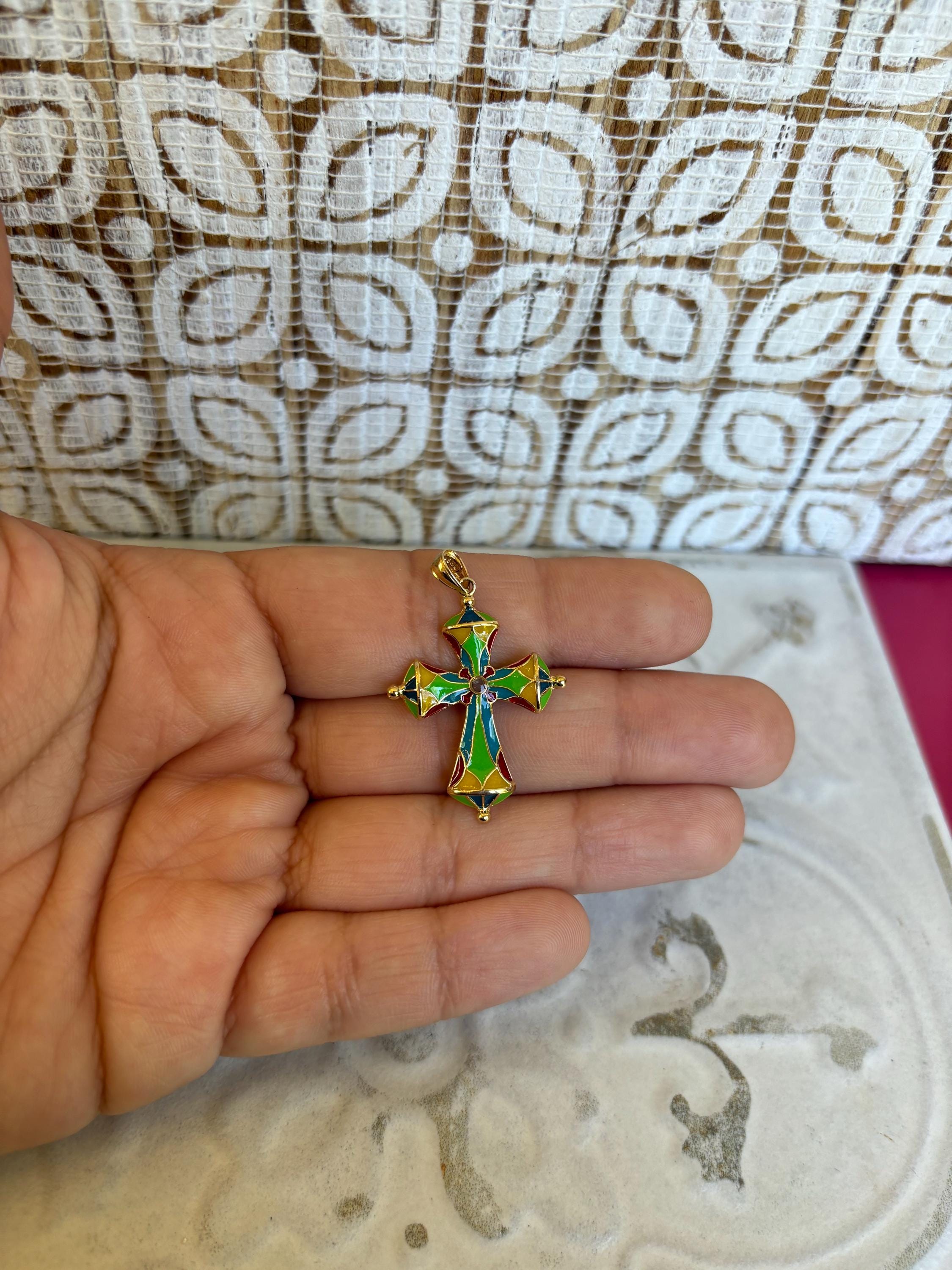 14K Stained Glass Inspired Cross Pendant