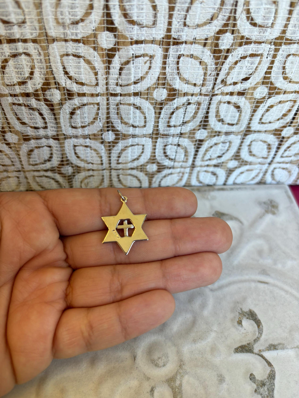 Sterling Silver Platinum-plated Gold-tone Cross Star of David Charm