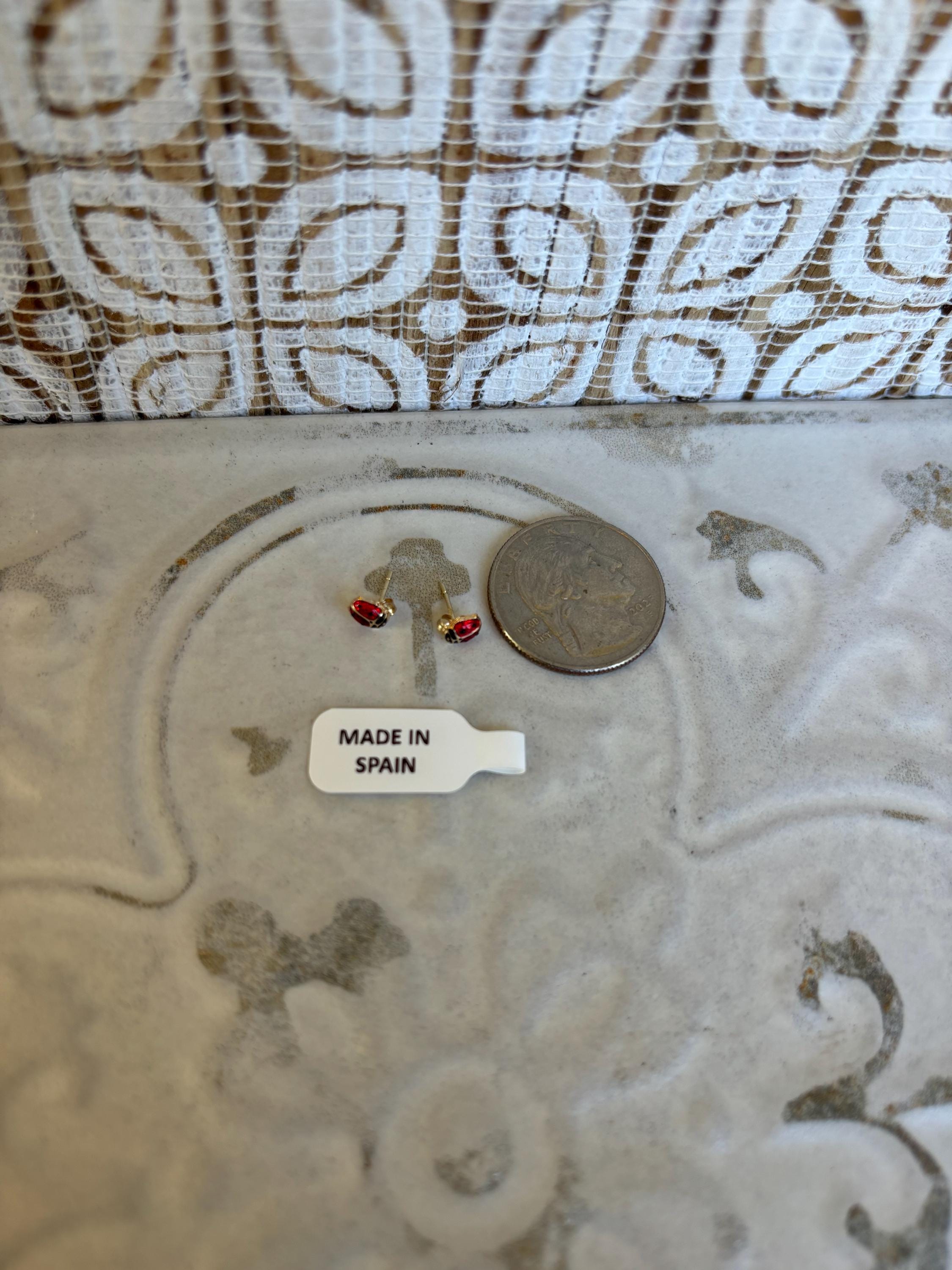 14K Small Red and Black Enamel Ladybug Earrings