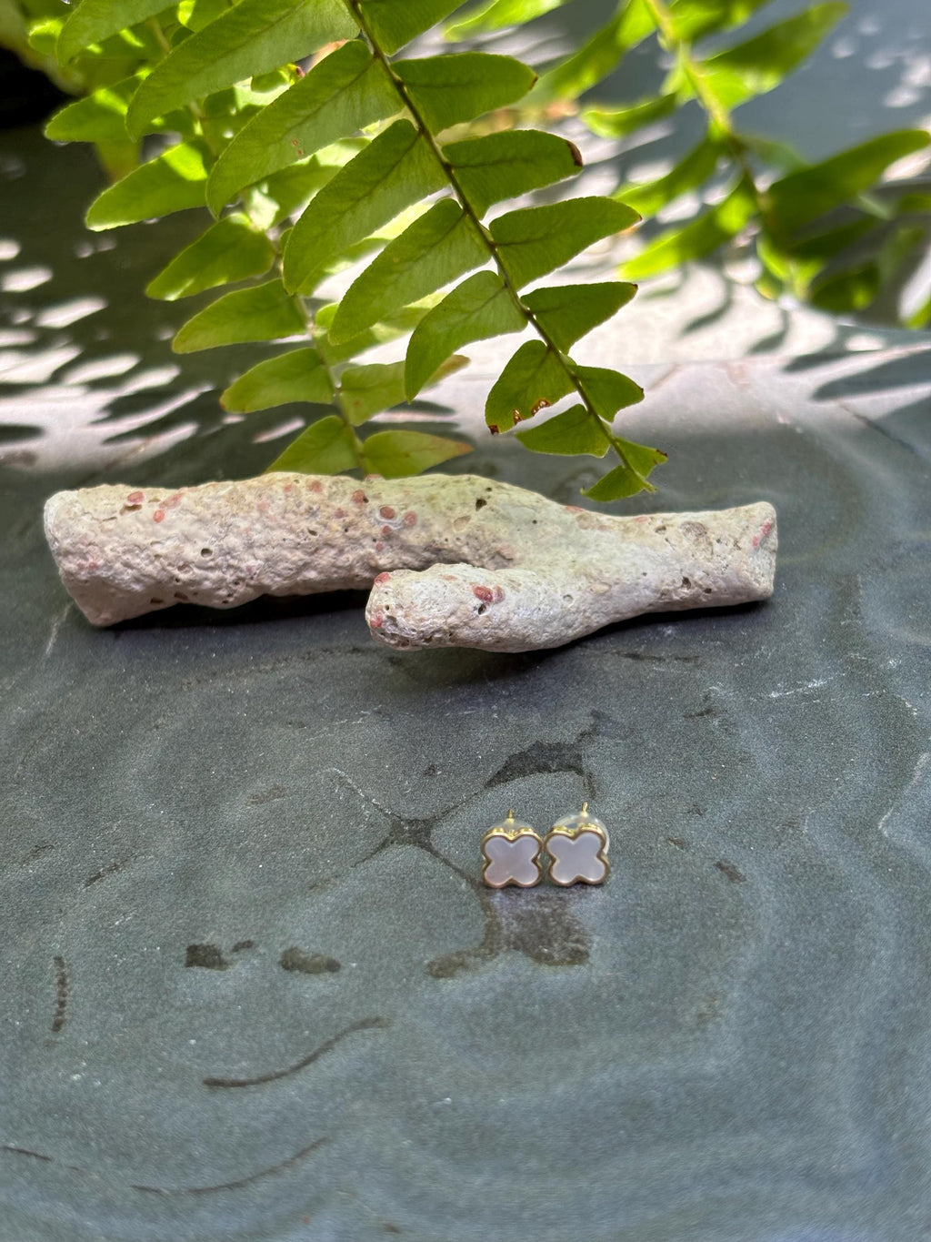 10k Polished Mother of Pearl Clover  Earrings