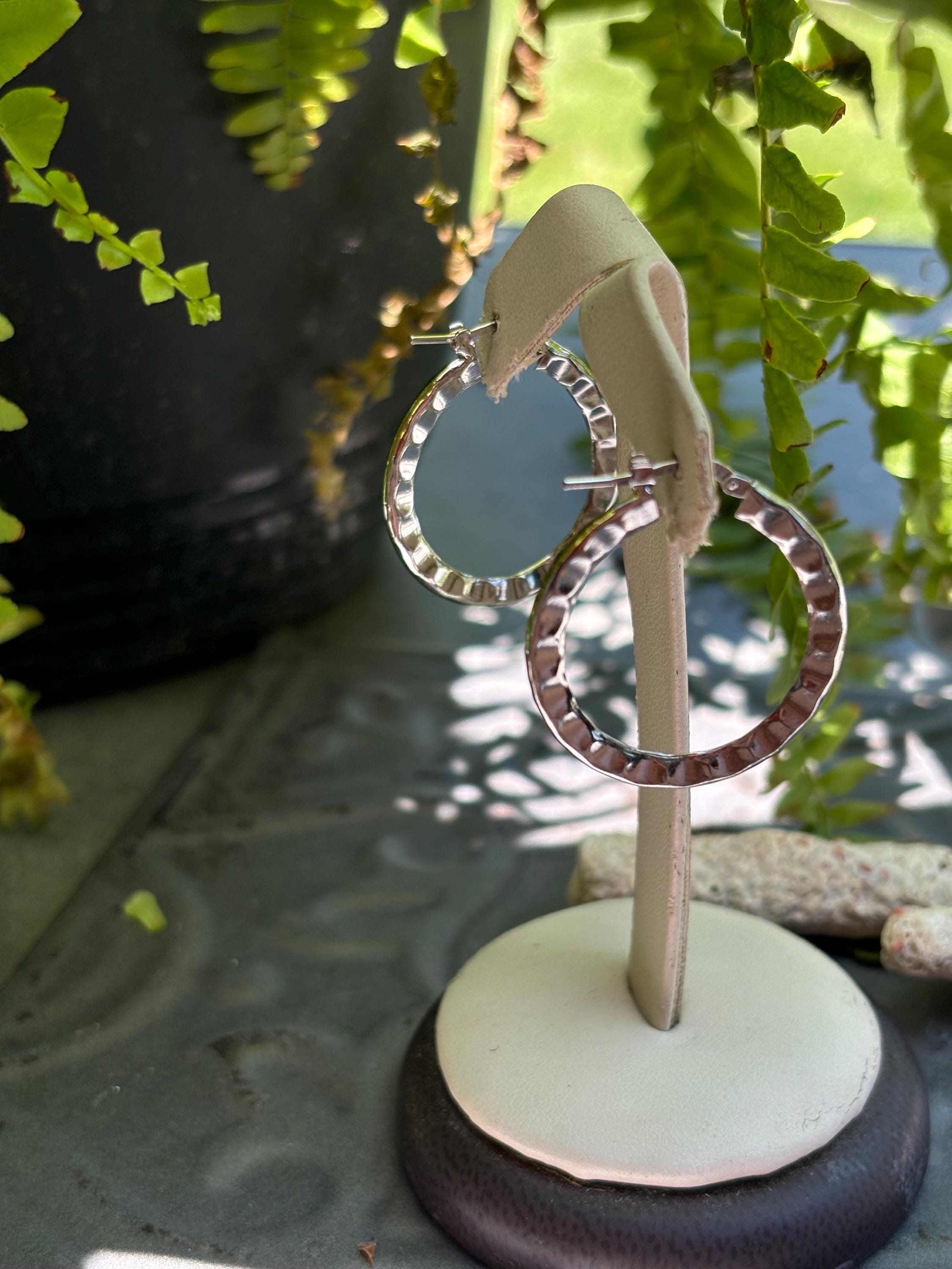 Sterling Silver Rh-plated Hammered Hoop Earrings