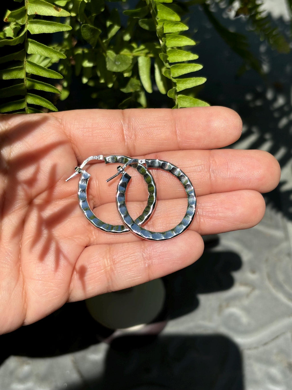 Sterling Silver Rh-plated Hammered Hoop Earrings