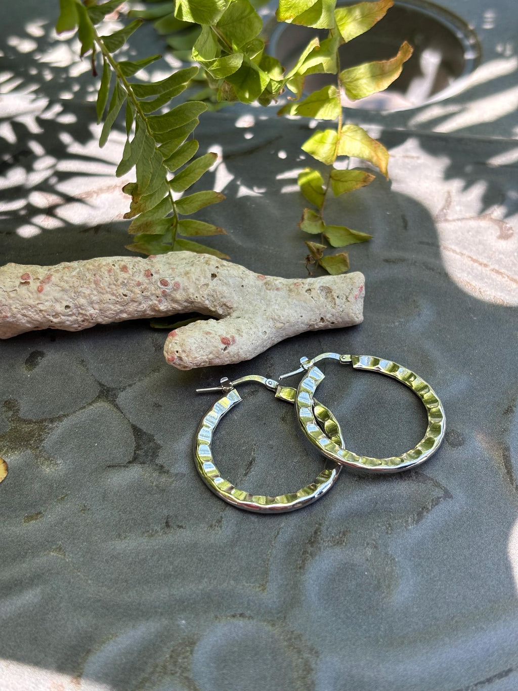 Sterling Silver Rh-plated Hammered Hoop Earrings